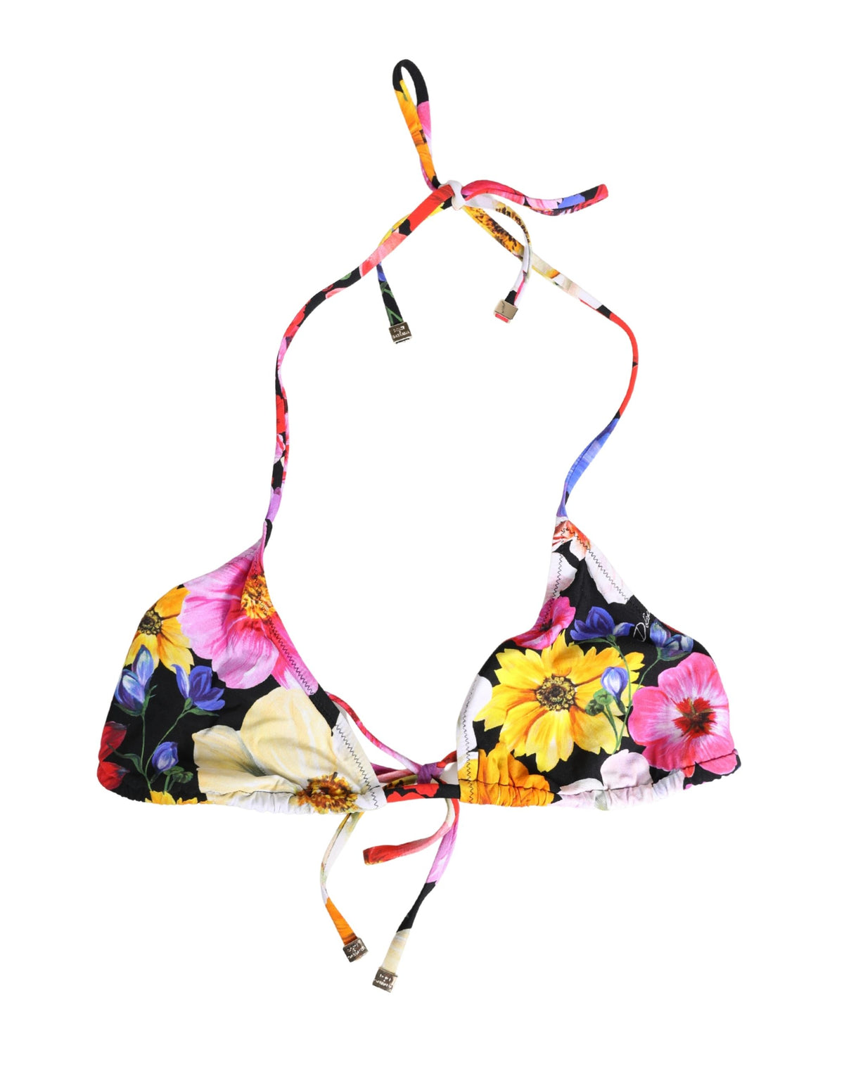 Dolce & Gabbana Black Floral Print Nylon Halter Bikini Top Women's Swimwear