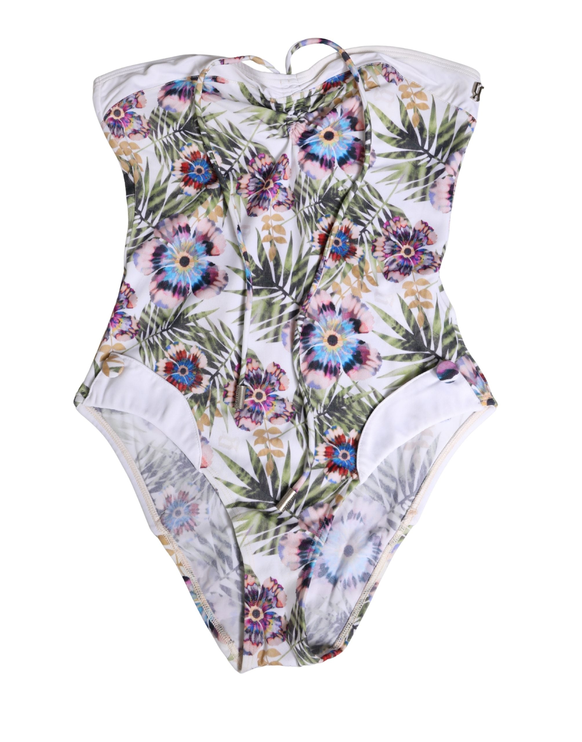 John Galliano White Floral Print Strapless One-Piece Swimsuit Women's Swimwear