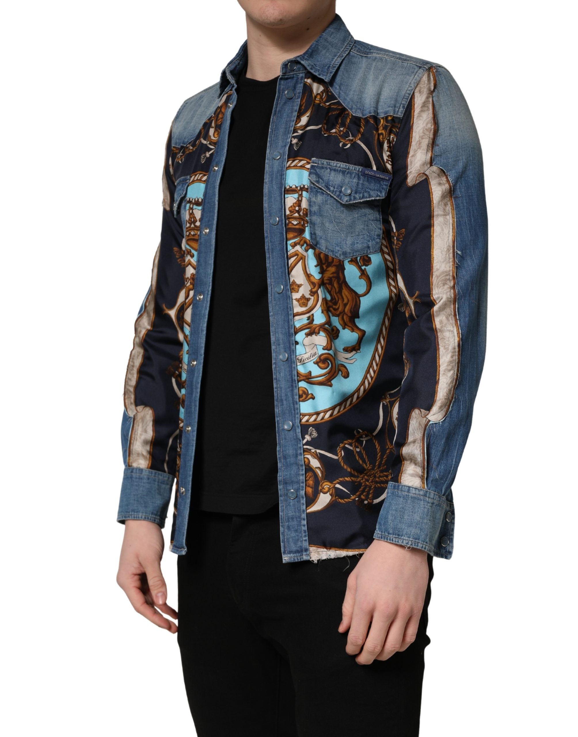 Dolce & Gabbana Blue Baroque Cotton Button Down Denim Men's Shirt (Pre-Owned)