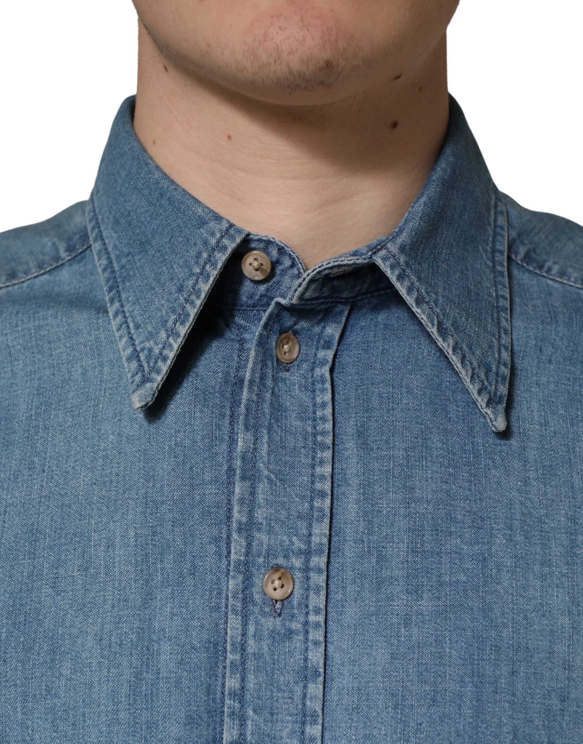 Dolce & Gabbana Blue Cotton Stretch Casual Denim Slim Men's Shirt