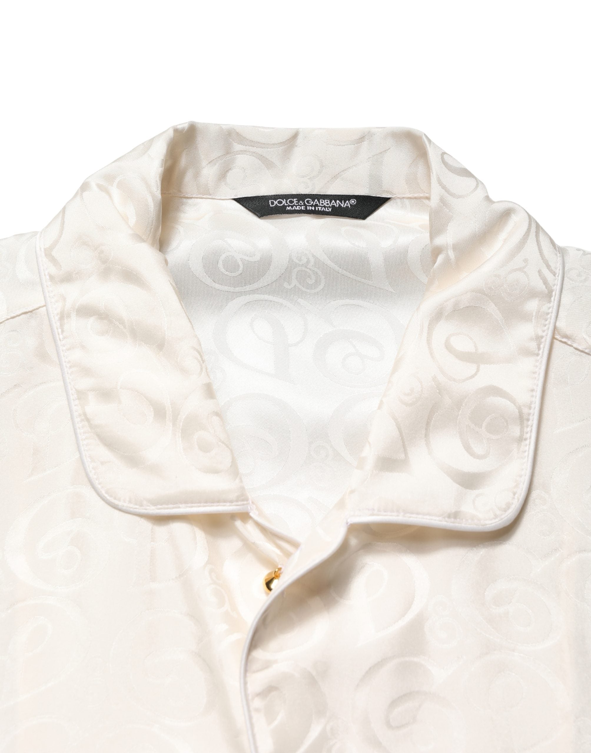 Dolce & Gabbana White Silk Long Sleeve Tonal Logo Print Men's Shirt (Pre-Owned)