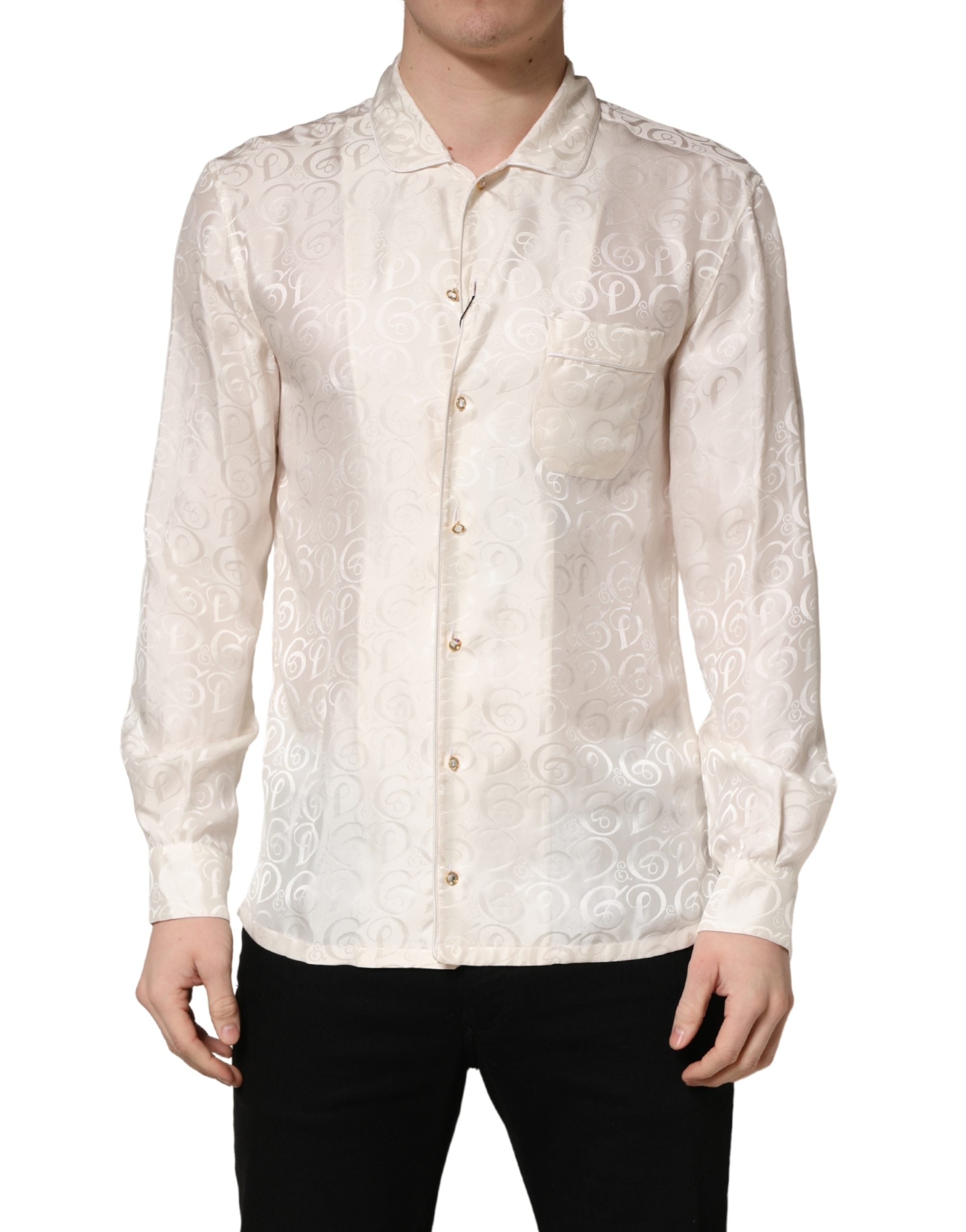 Dolce & Gabbana White Silk Long Sleeve Tonal Logo Print Men's Shirt (Pre-Owned)
