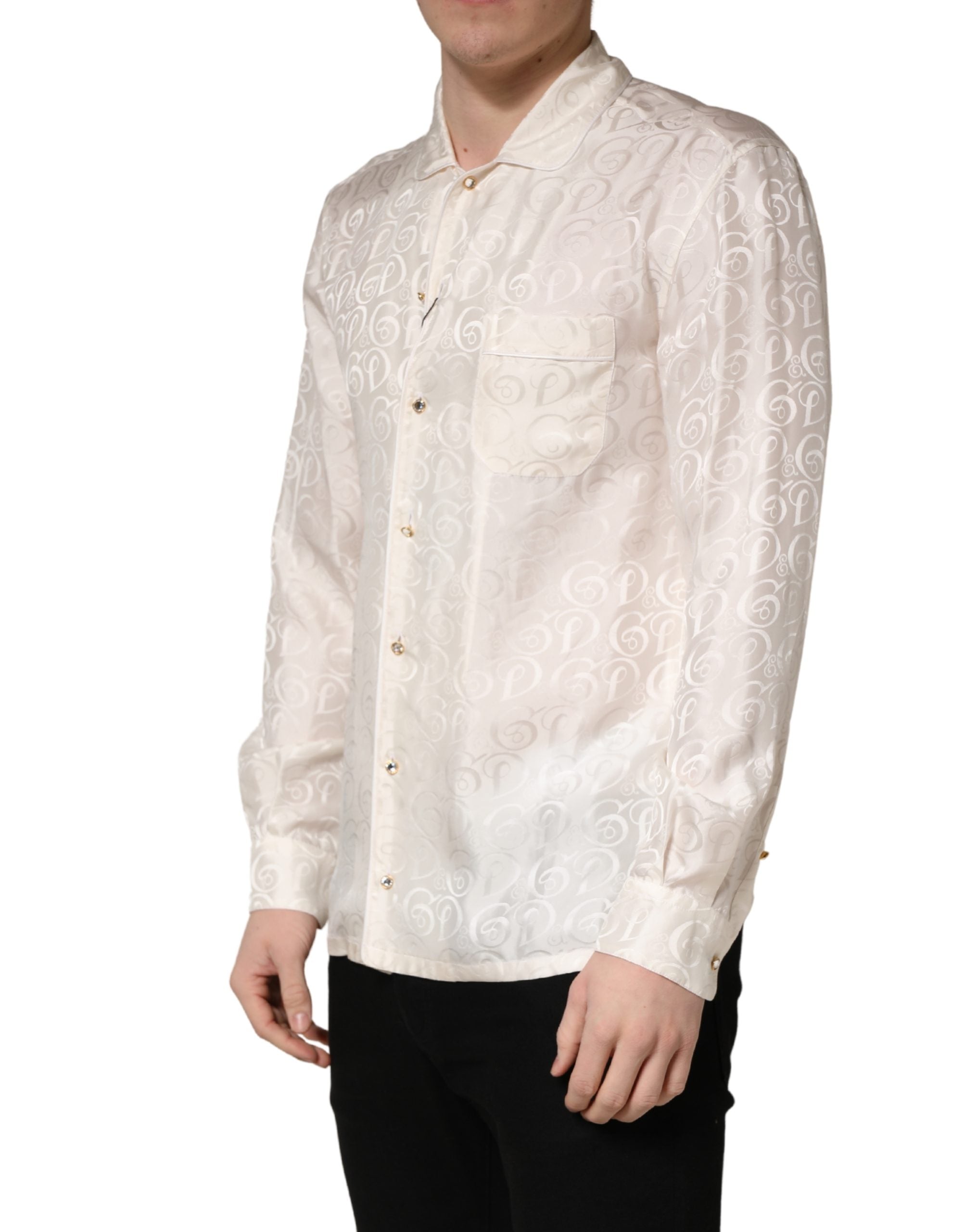 Dolce & Gabbana White Silk Long Sleeve Tonal Logo Print Men's Shirt (Pre-Owned)