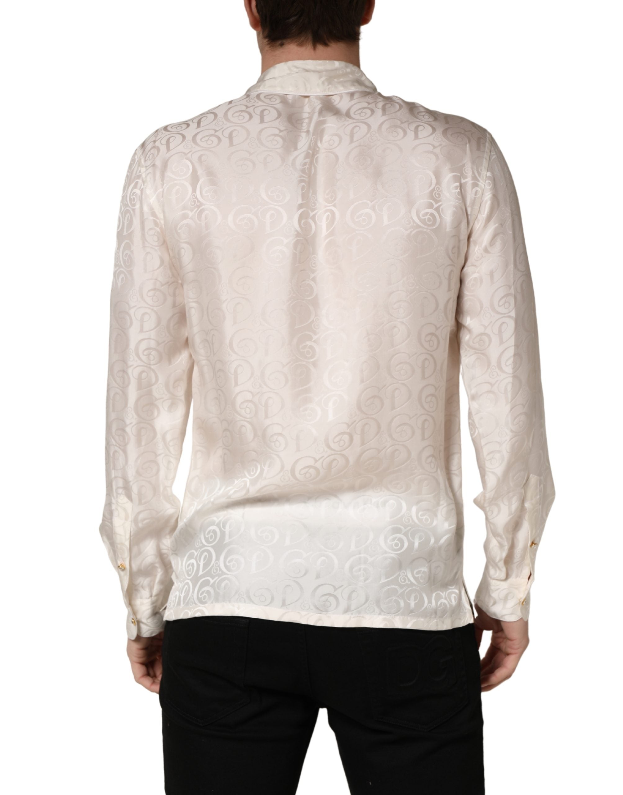 Dolce & Gabbana White Silk Long Sleeve Tonal Logo Print Men's Shirt (Pre-Owned)