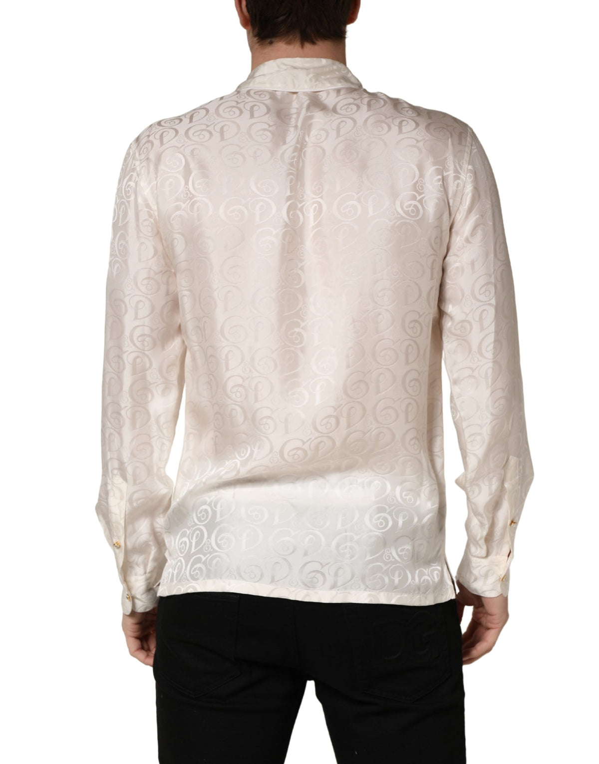 Dolce & Gabbana White Silk Long Sleeve Tonal Logo Print Men's Shirt (Pre-Owned)