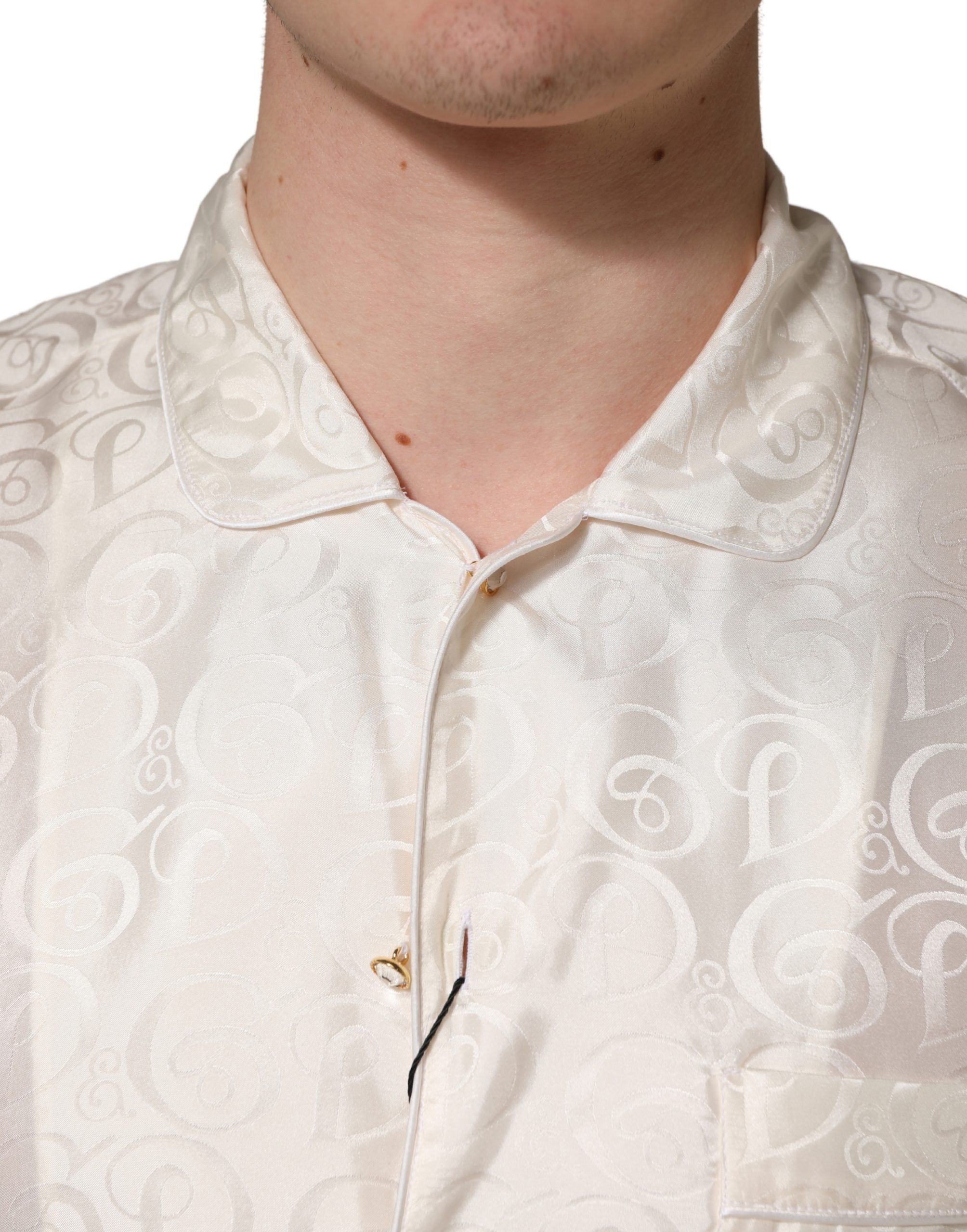 Dolce & Gabbana White Silk Long Sleeve Tonal Logo Print Men's Shirt (Pre-Owned)