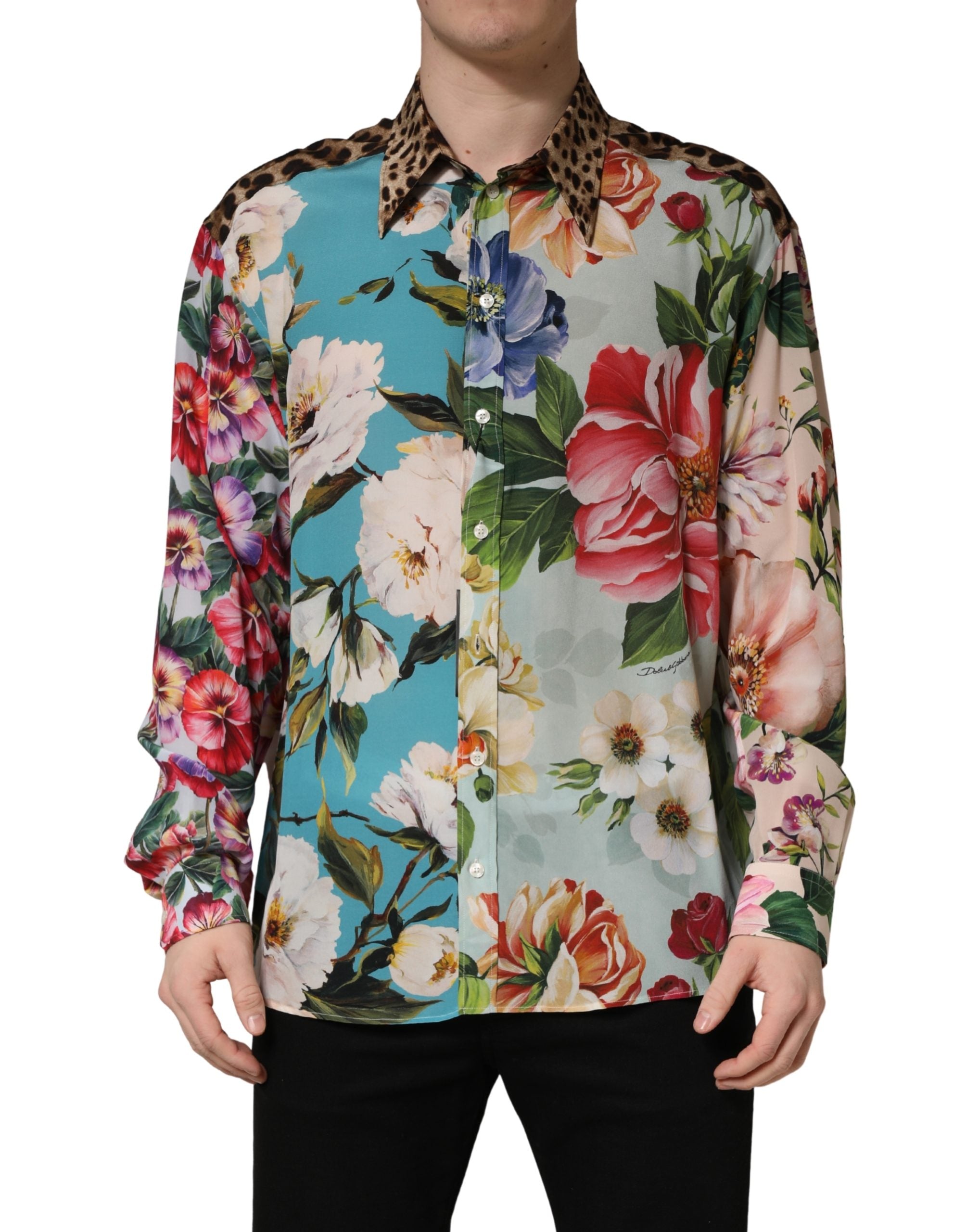 Dolce & Gabbana Multicolor Floral Animal Print Collared Men's Shirt