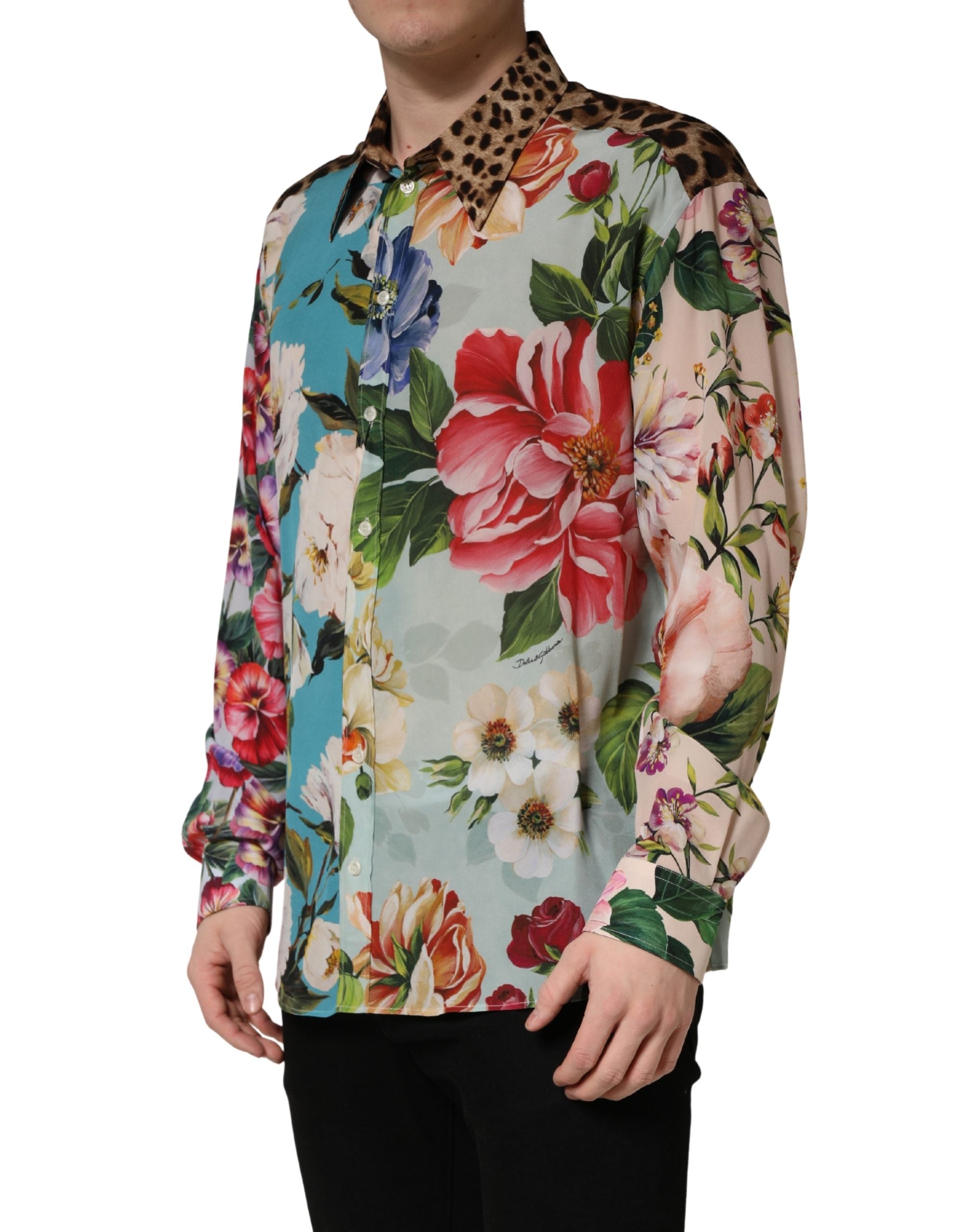 Dolce & Gabbana Multicolor Floral Animal Print Collared Men's Shirt