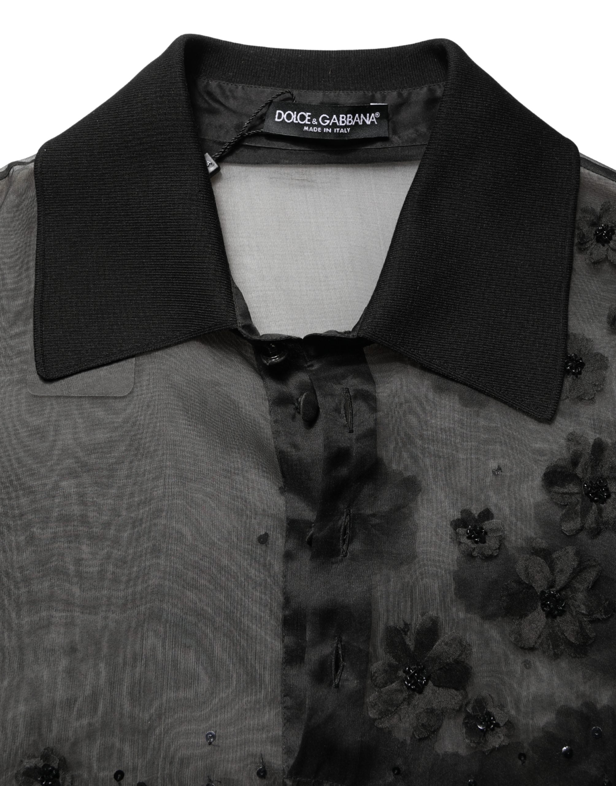 Dolce & Gabbana Black Floral Applique Sheer Short Sleeve Men's Shirt