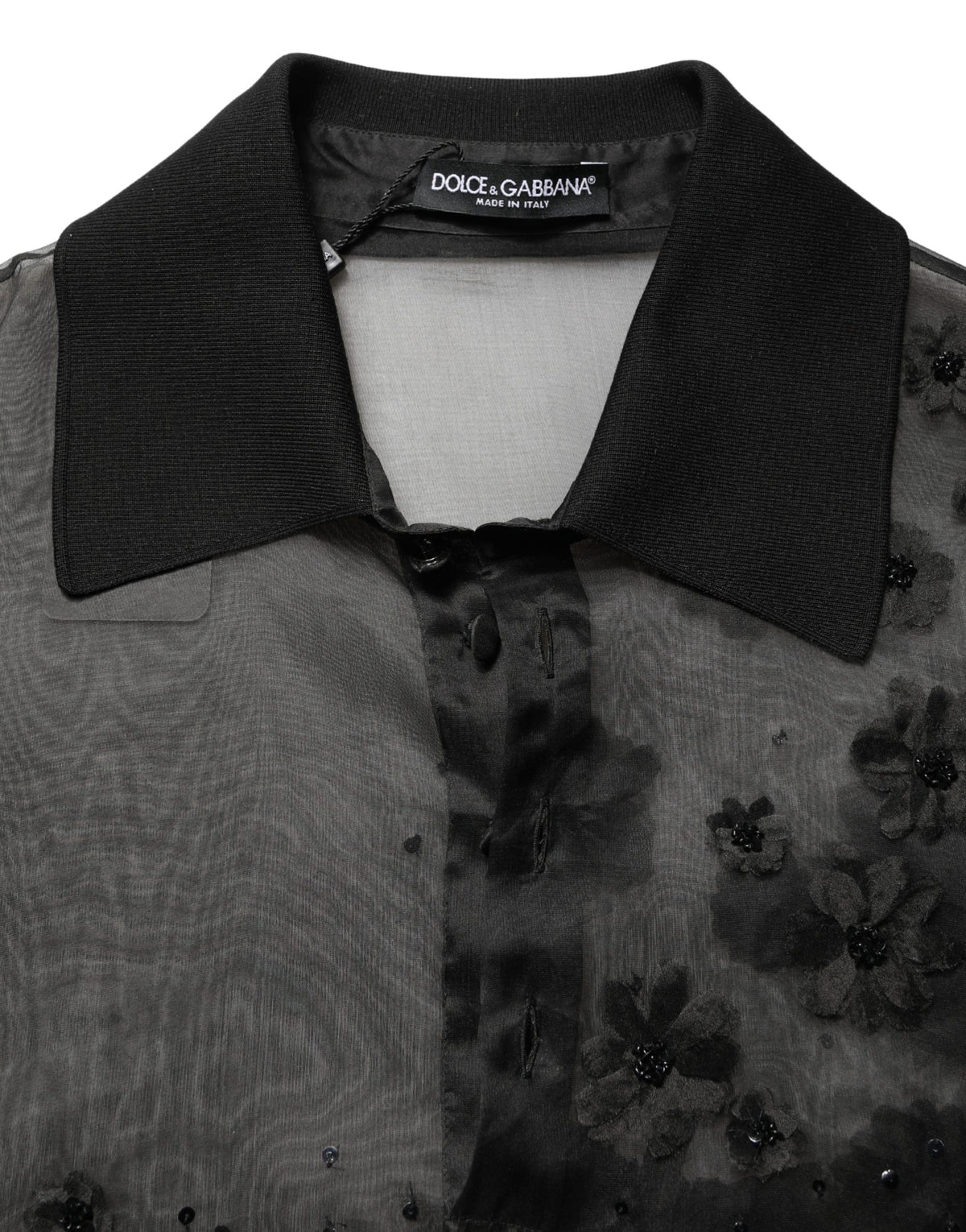 Dolce & Gabbana Black Floral Applique Sheer Short Sleeve Men's Shirt