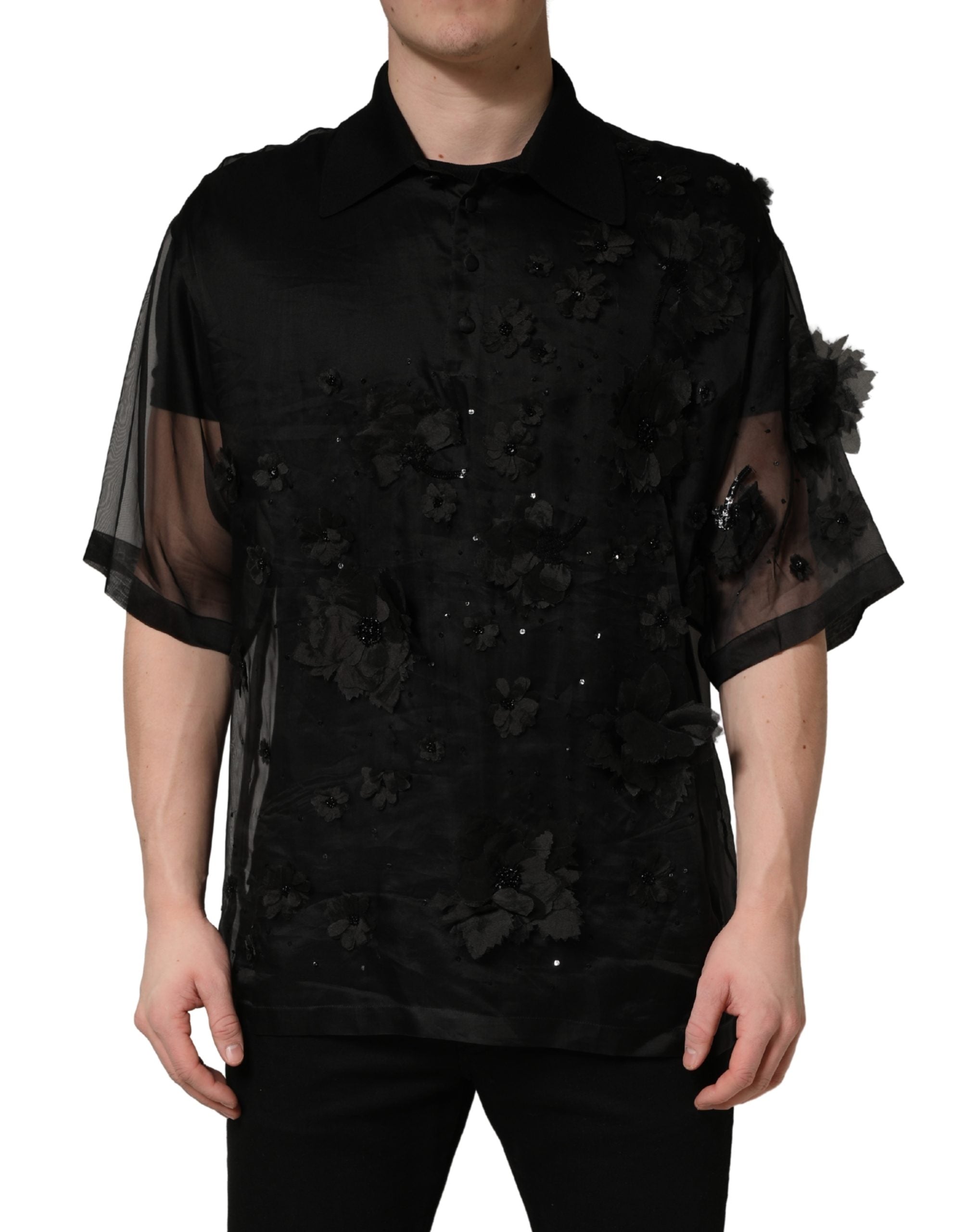 Dolce & Gabbana Black Floral Applique Sheer Short Sleeve Men's Shirt