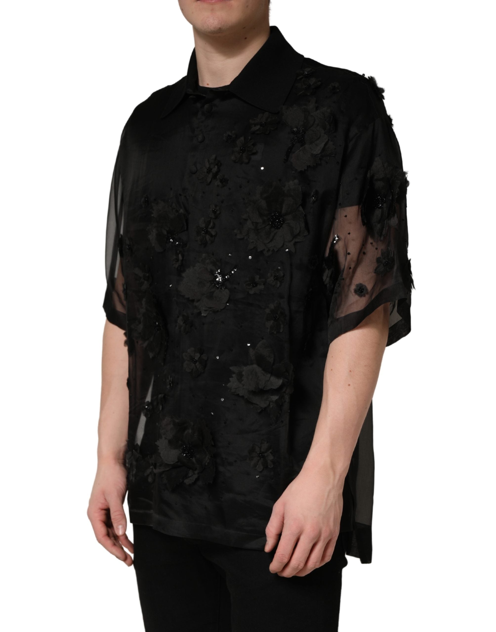 Dolce & Gabbana Black Floral Applique Sheer Short Sleeve Men's Shirt