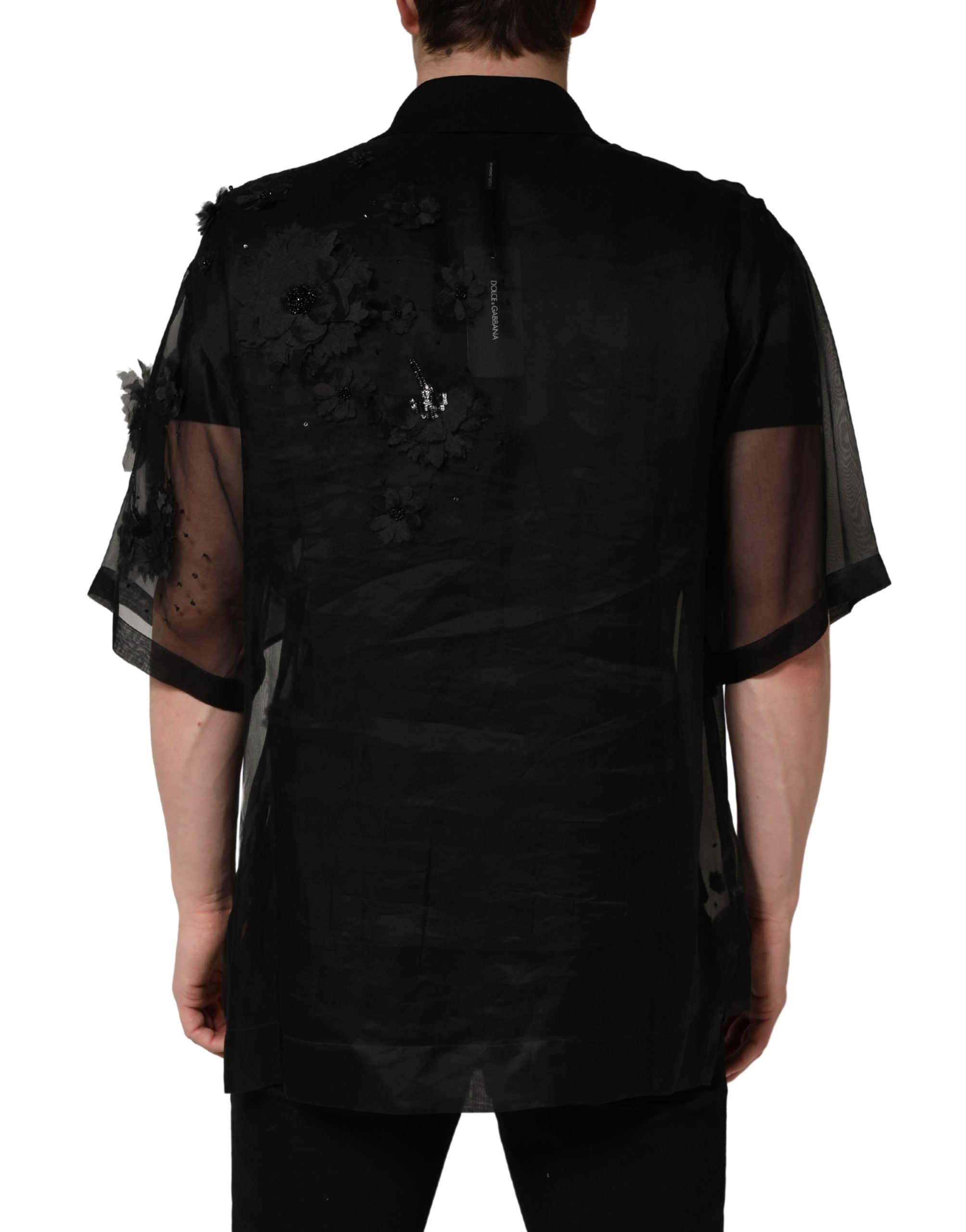 Dolce & Gabbana Black Floral Applique Sheer Short Sleeve Men's Shirt