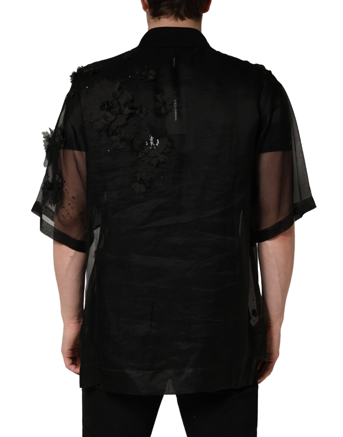 Dolce & Gabbana Black Floral Applique Sheer Short Sleeve Men's Shirt