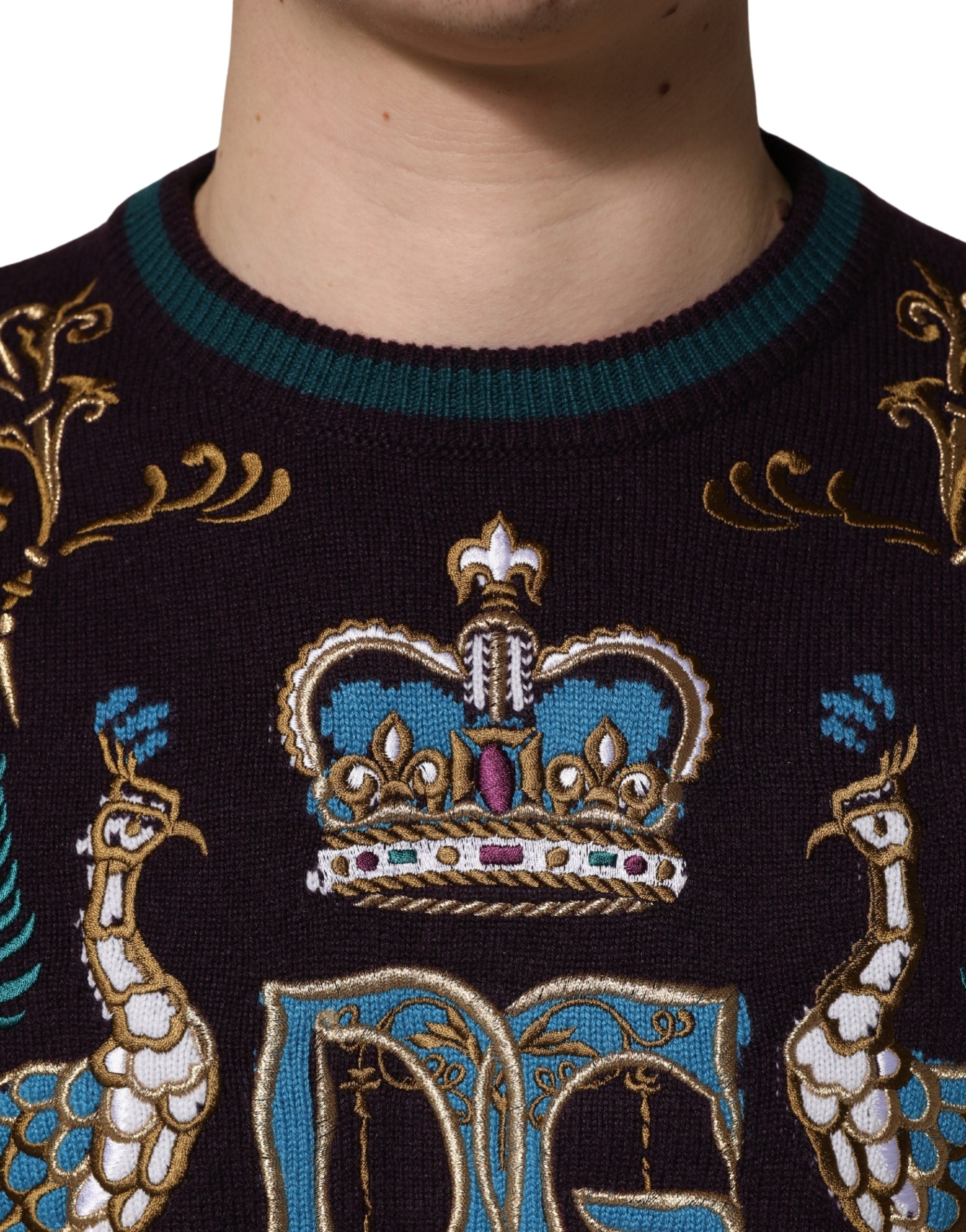 Dolce & Gabbana Bordeaux Cashmere Crown Embroidered Men's Sweater