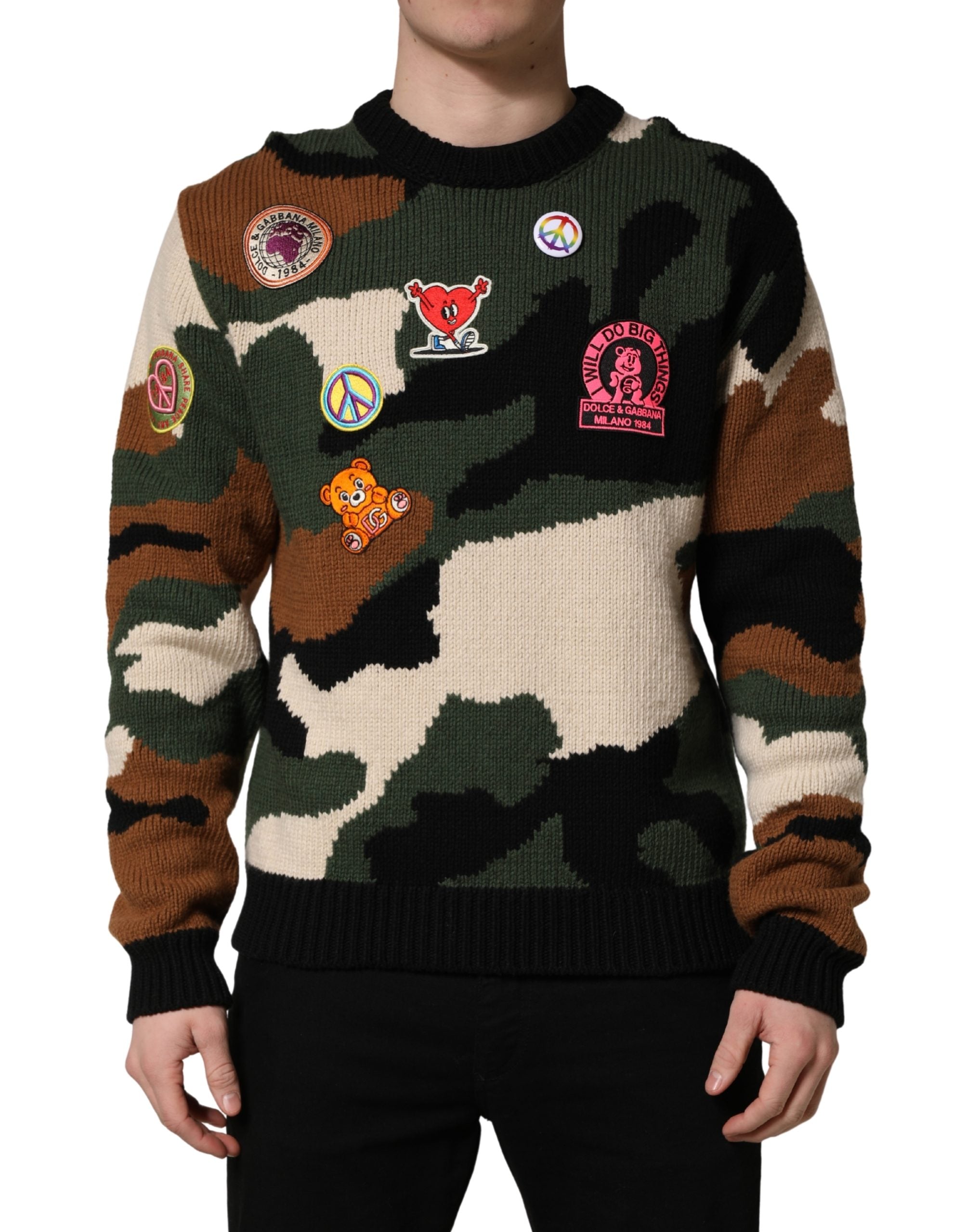 Dolce & Gabbana Multicolor Intarsia Knit Camouflage Pullover Men's Sweater