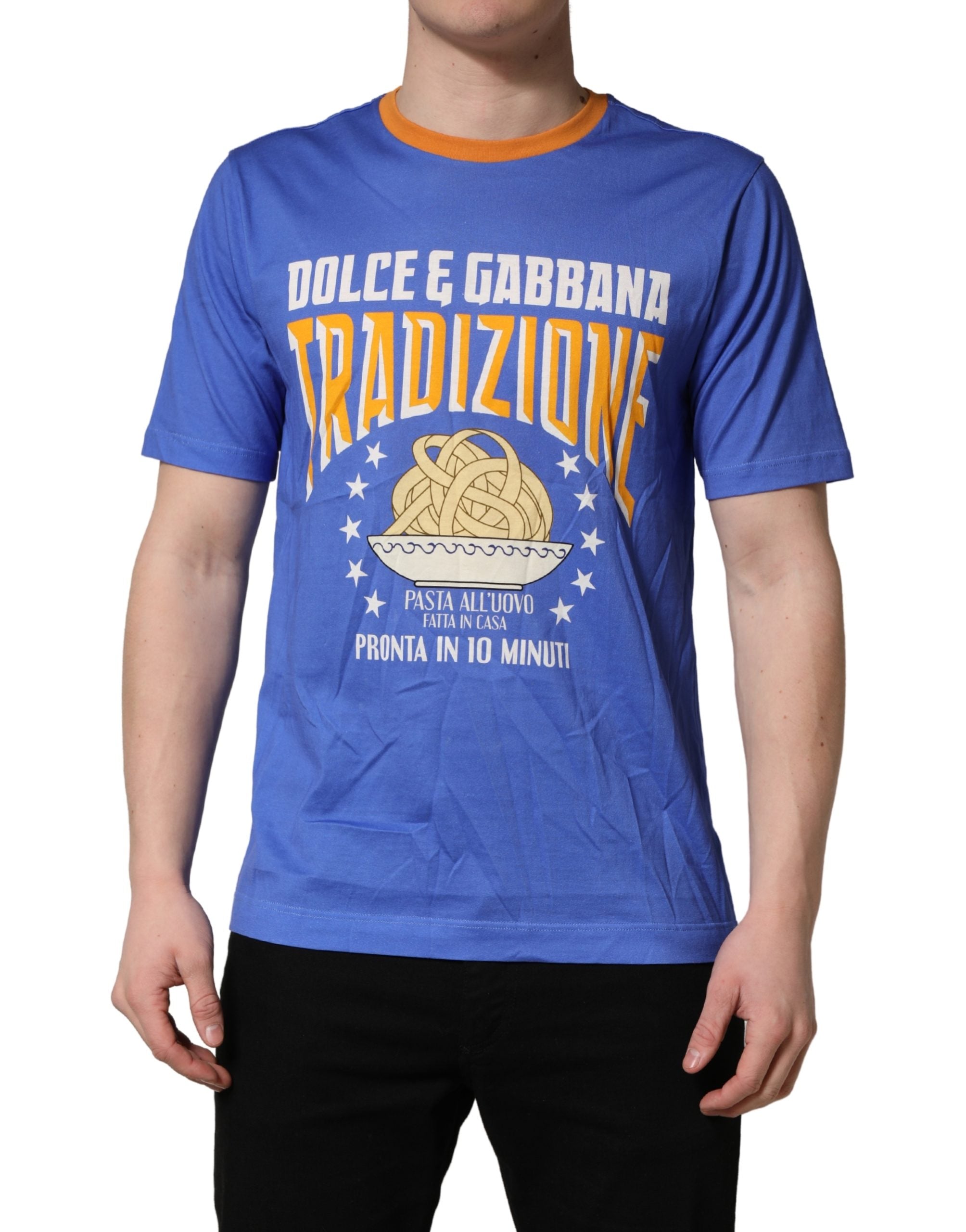 Dolce & Gabbana Blue Pasta Graphic Print Cotton Men Crewneck Men's T-shirt (Pre-Owned)