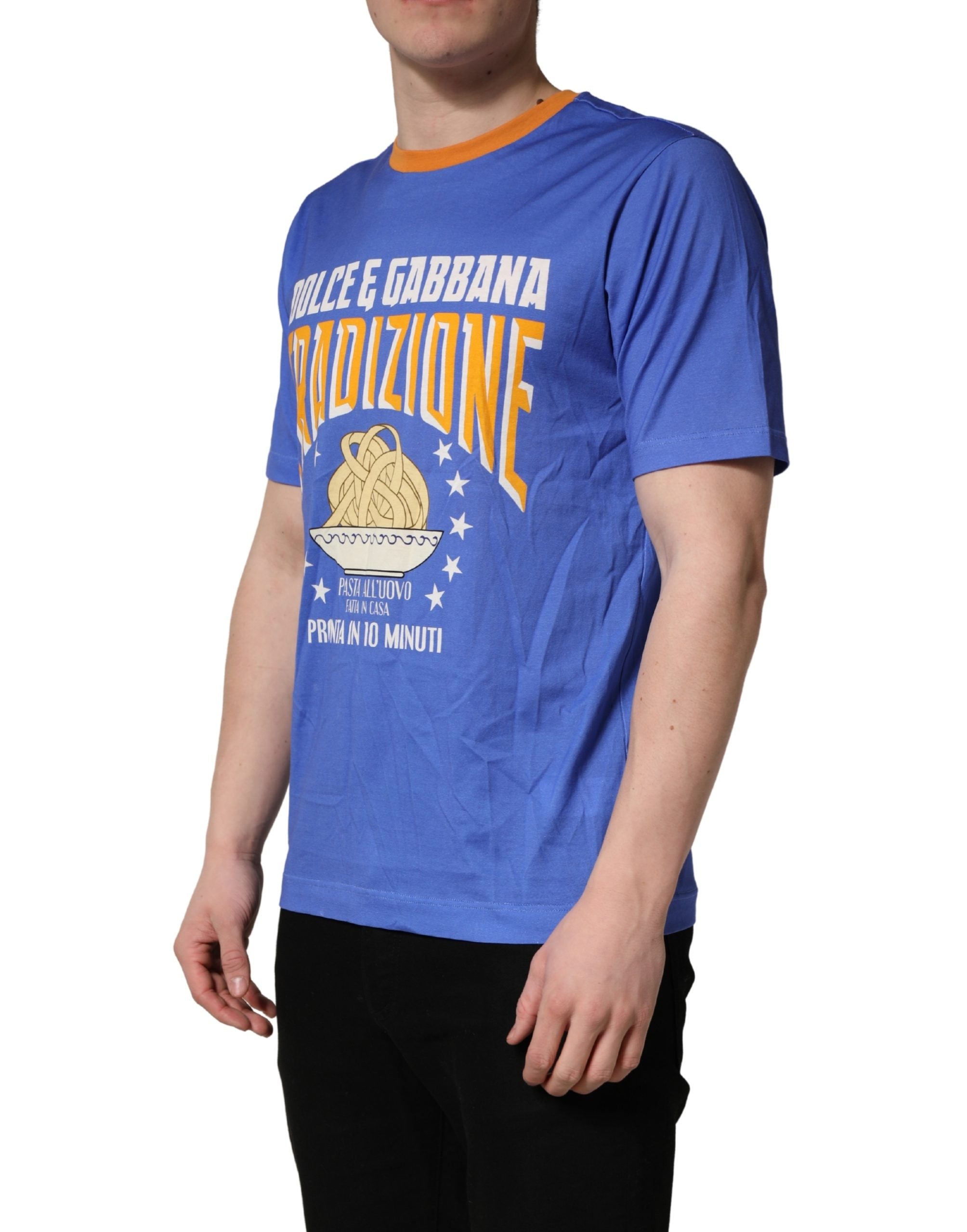 Dolce & Gabbana Blue Pasta Graphic Print Cotton Men Crewneck Men's T-shirt (Pre-Owned)