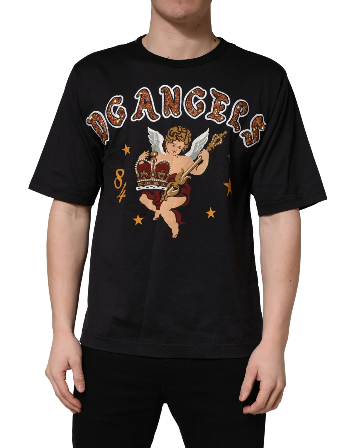Dolce & Gabbana Black Angel Print Cotton Crew Neck Men's T-shirt