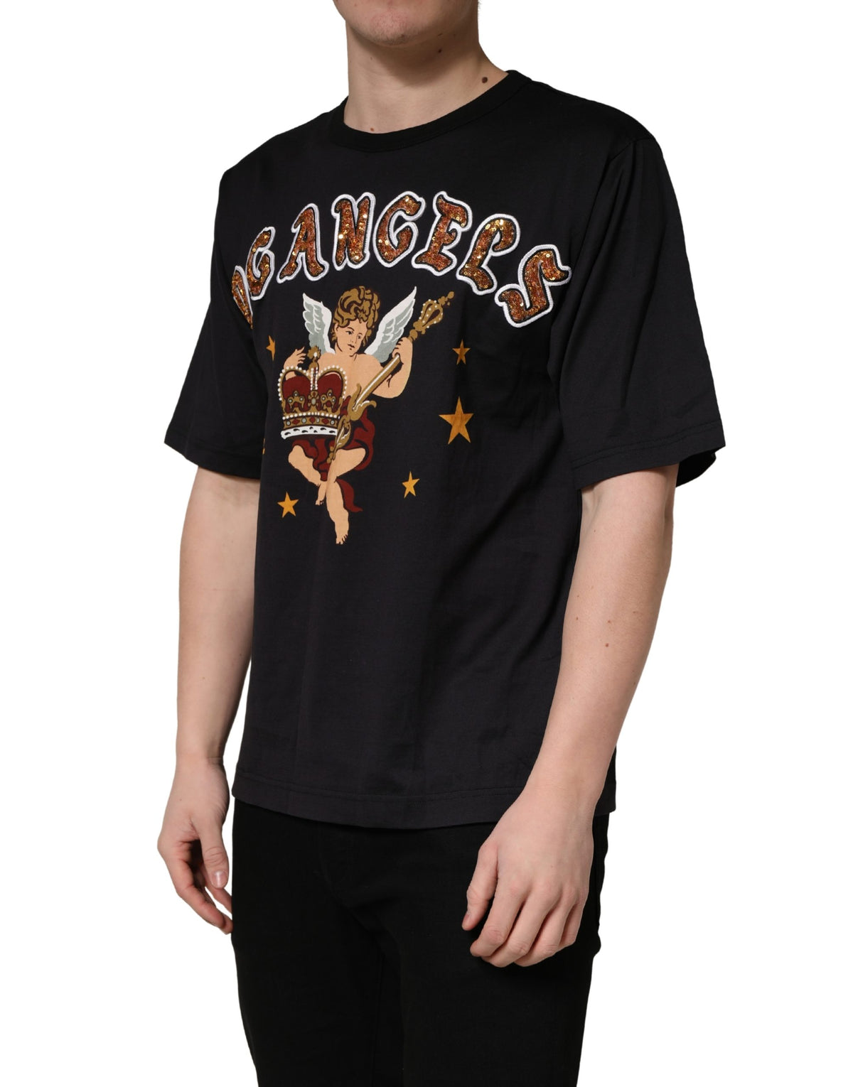 Dolce & Gabbana Black Angel Print Cotton Crew Neck Men's T-shirt
