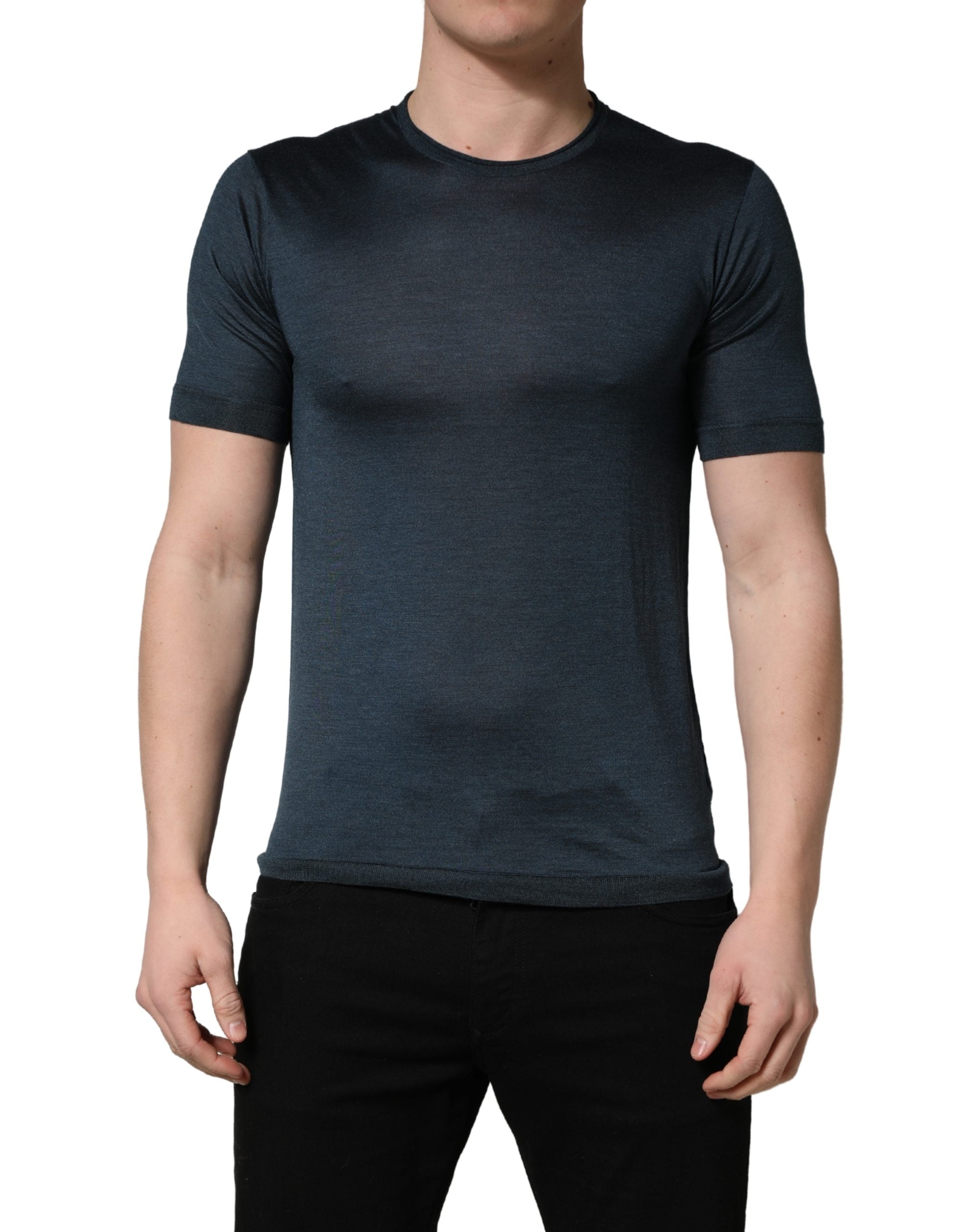 Dolce & Gabbana Dark Blue Silk Crew Neck Short Sleeve Men's T-shirt