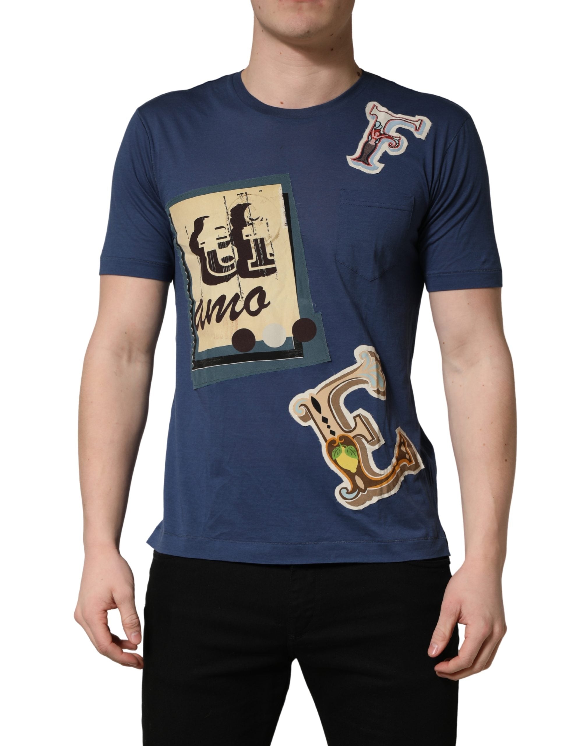 Dolce & Gabbana Navy Blue Cotton Graphic Crew Neck Men's T-shirt