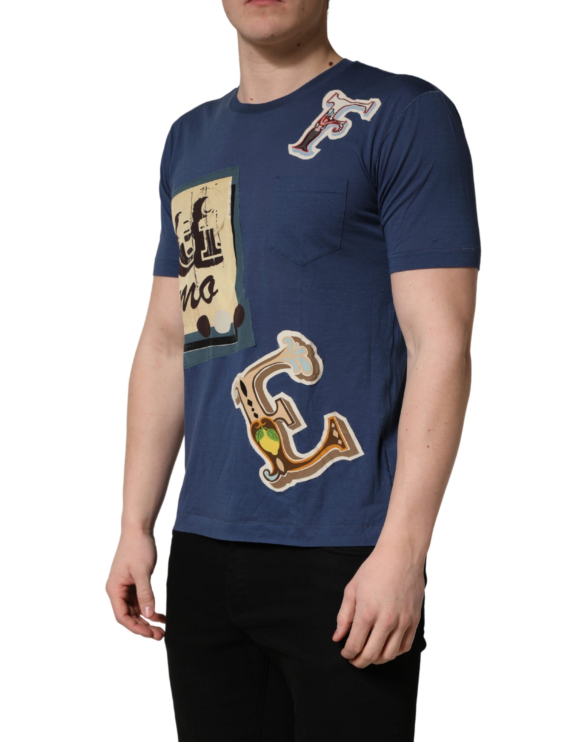 Dolce & Gabbana Navy Blue Cotton Graphic Crew Neck Men's T-shirt