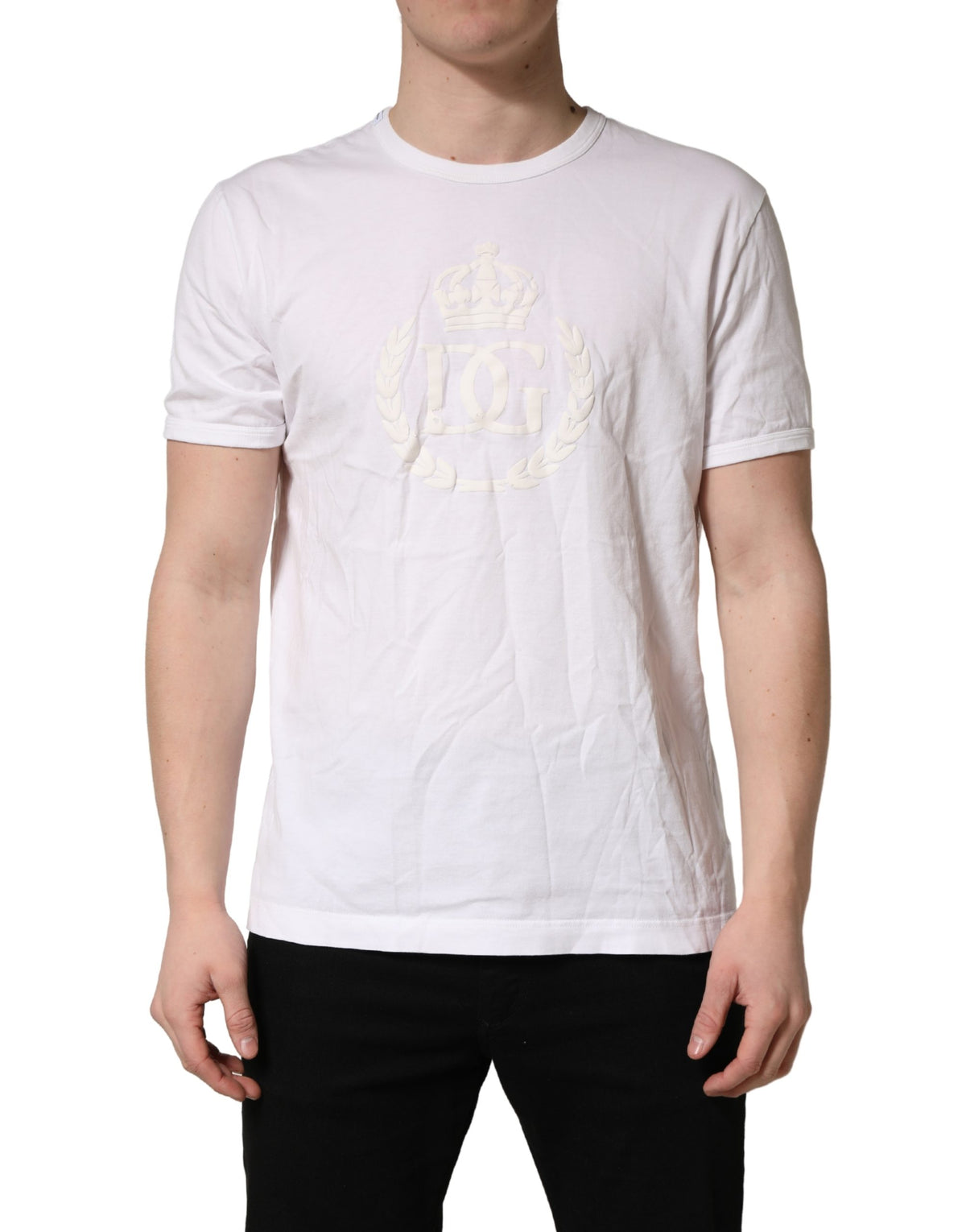 Dolce & Gabbana White Cotton DG Crown Embossed Men Men's T-shirt (Pre-Owned)