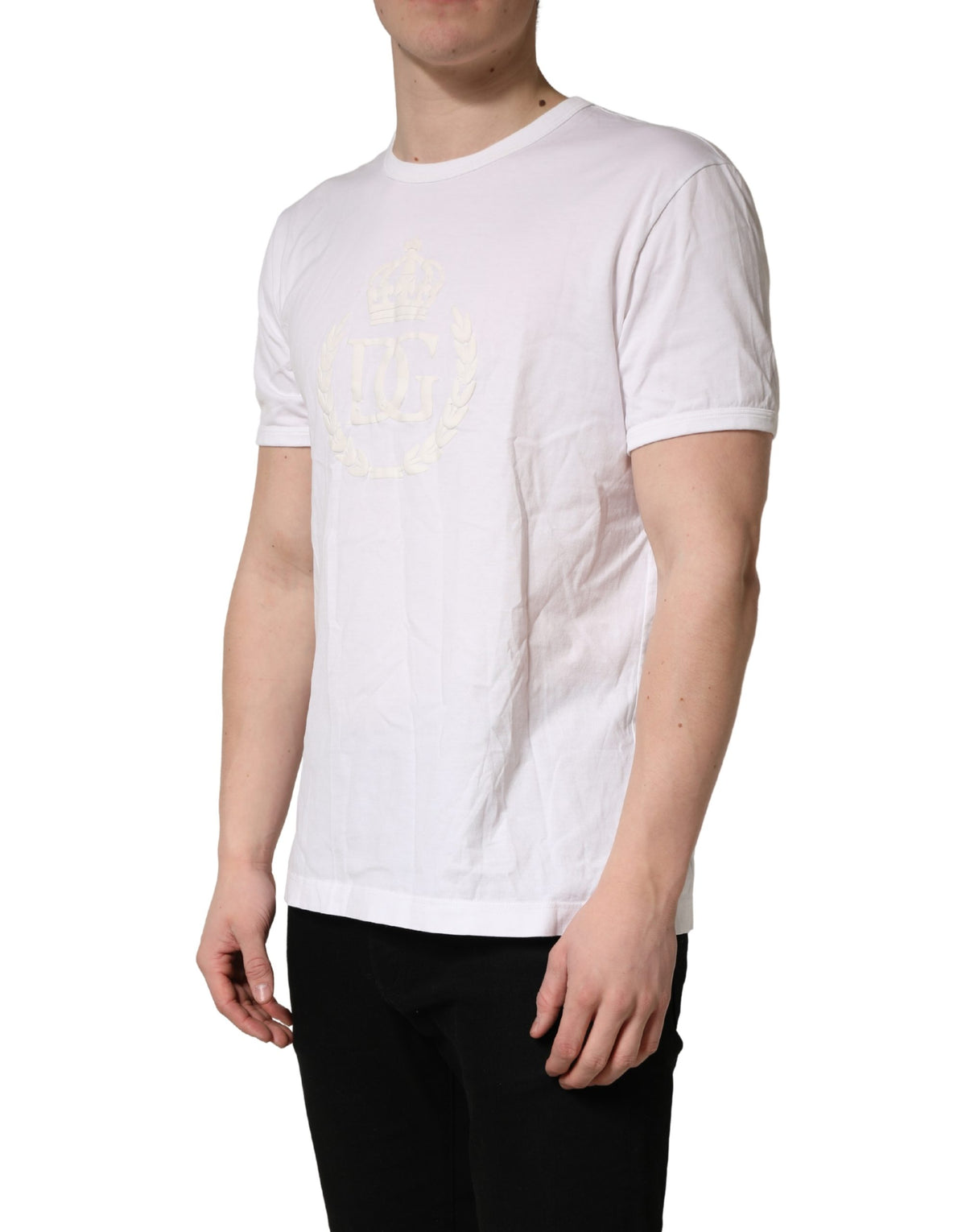 Dolce & Gabbana White Cotton DG Crown Embossed Men Men's T-shirt (Pre-Owned)
