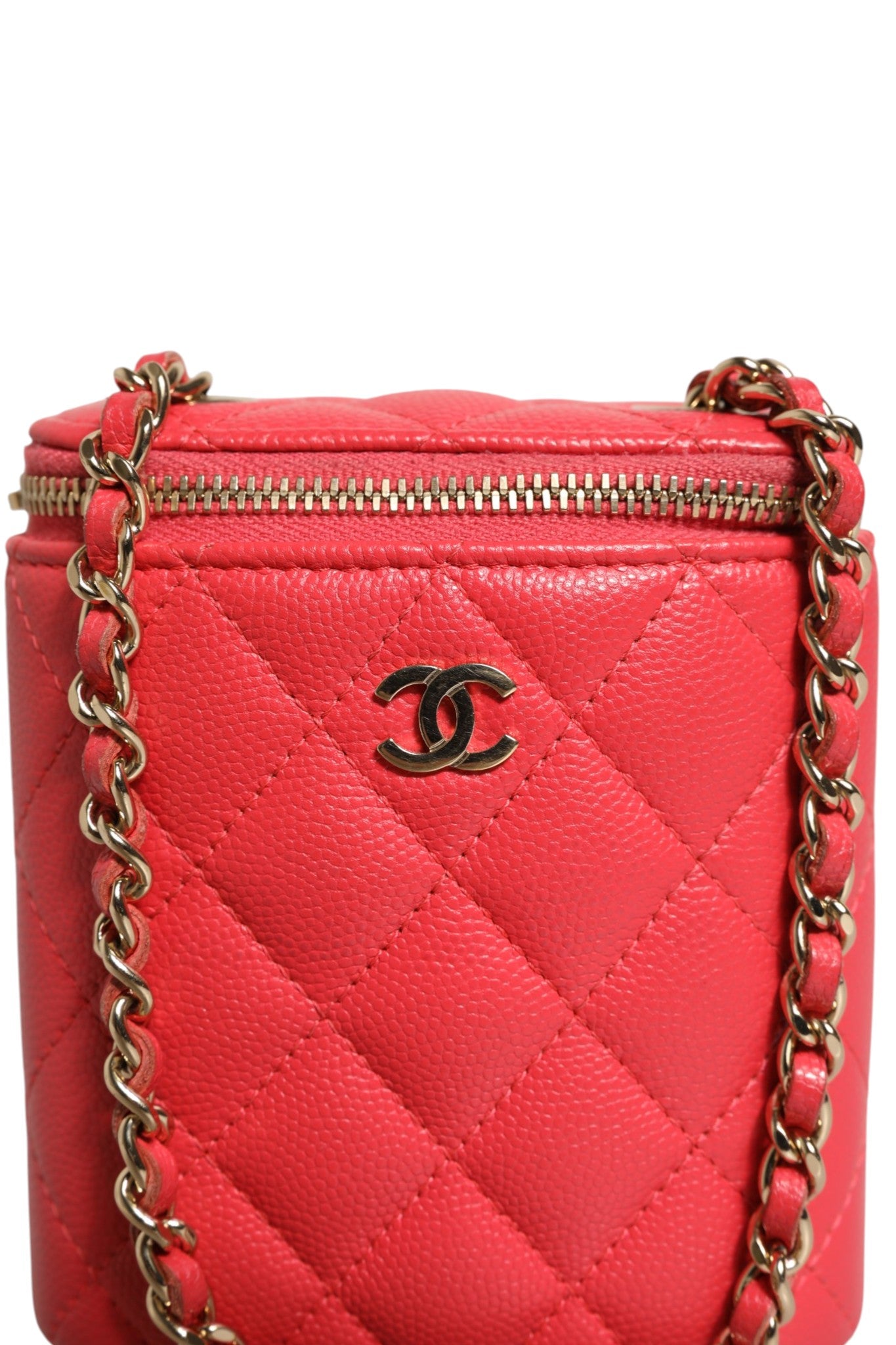 Chanel Red Caviar Quilted Small Vertical Coco Beauty Vanity Case with Women's Chain (Pre-Owned)