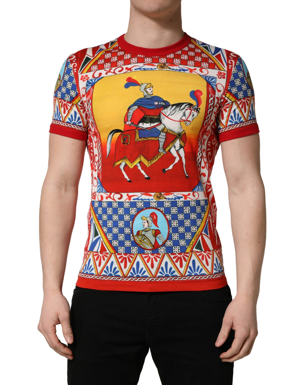 Dolce & Gabbana Multicolor Carretto Print Crew Neck Men's T-shirt