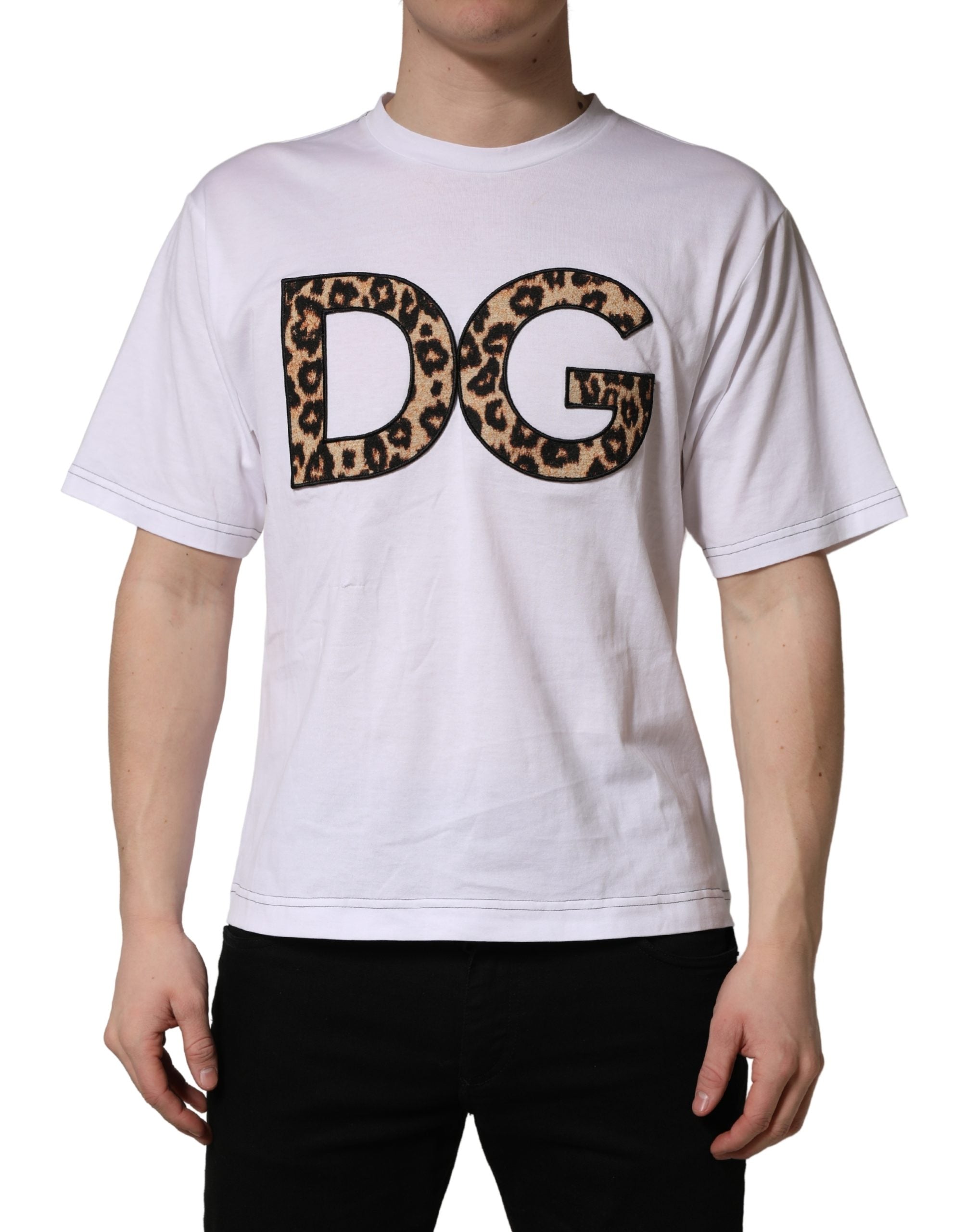 Dolce & Gabbana White Leopard Print DG Logo MenCotton Men's T-shirt (Pre-Owned)