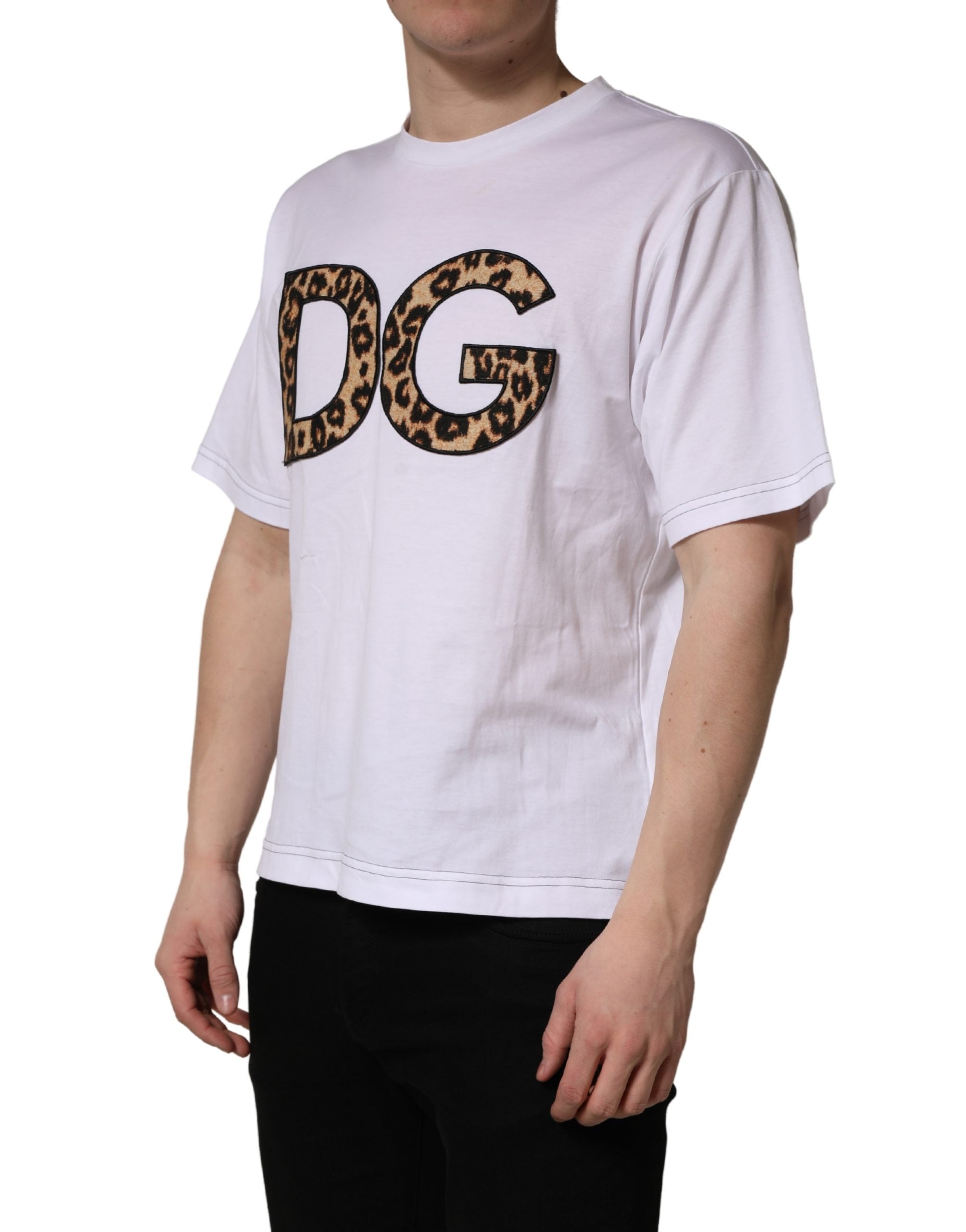Dolce & Gabbana White Leopard Print DG Logo MenCotton Men's T-shirt (Pre-Owned)