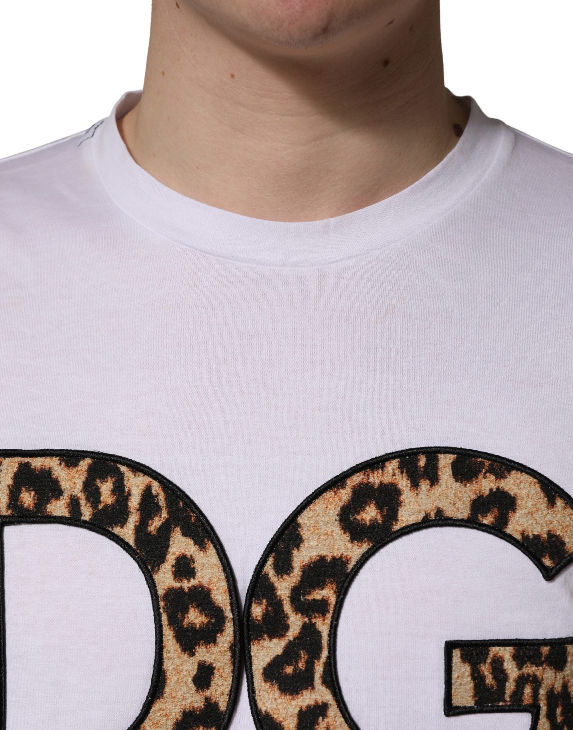 Dolce & Gabbana White Leopard Print DG Logo MenCotton Men's T-shirt (Pre-Owned)