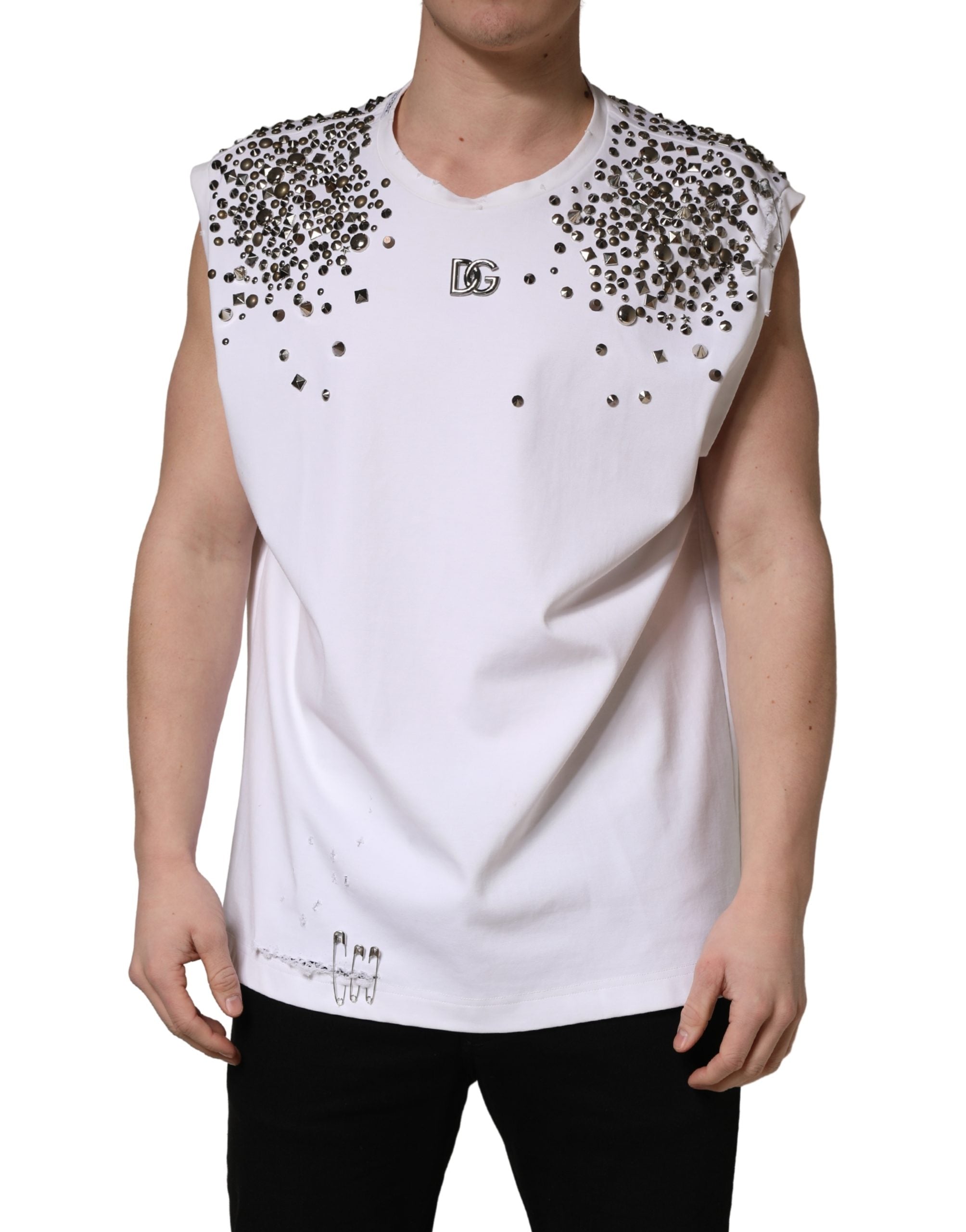 Dolce & Gabbana White Rhinestones Sleeveless Round Neck Men's T-shirt (Pre-Owned)