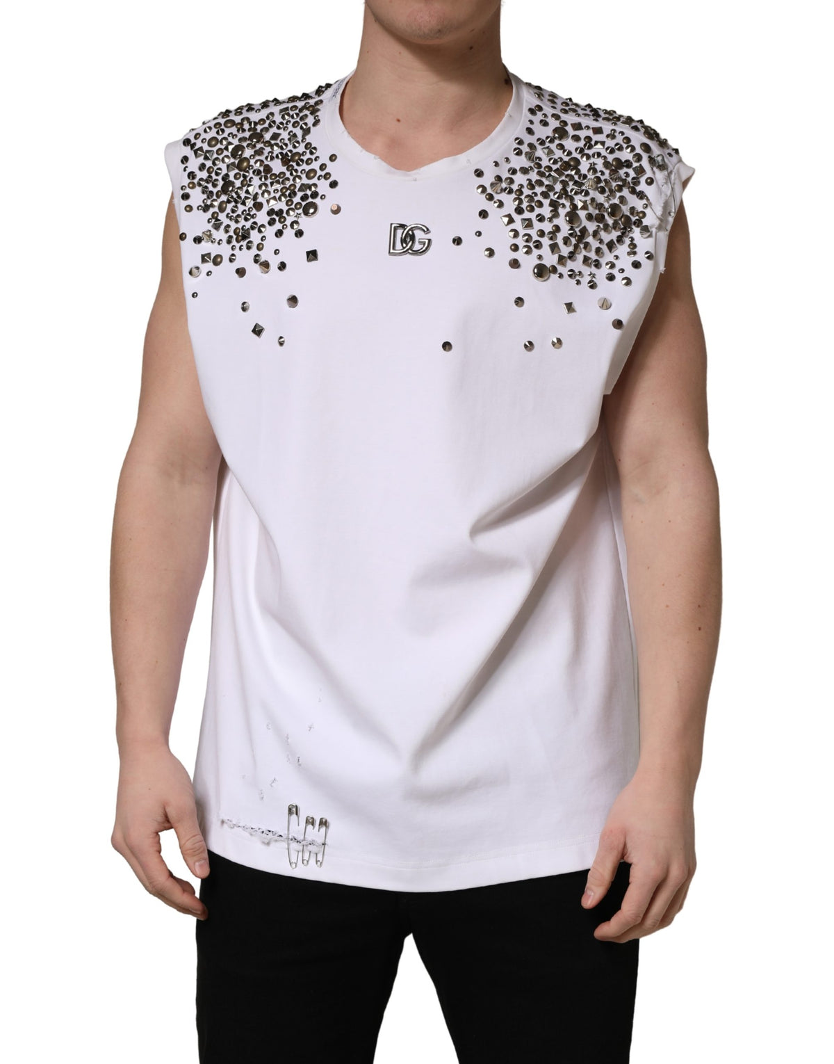 Dolce & Gabbana White Rhinestones Sleeveless Round Neck Men's T-shirt (Pre-Owned)