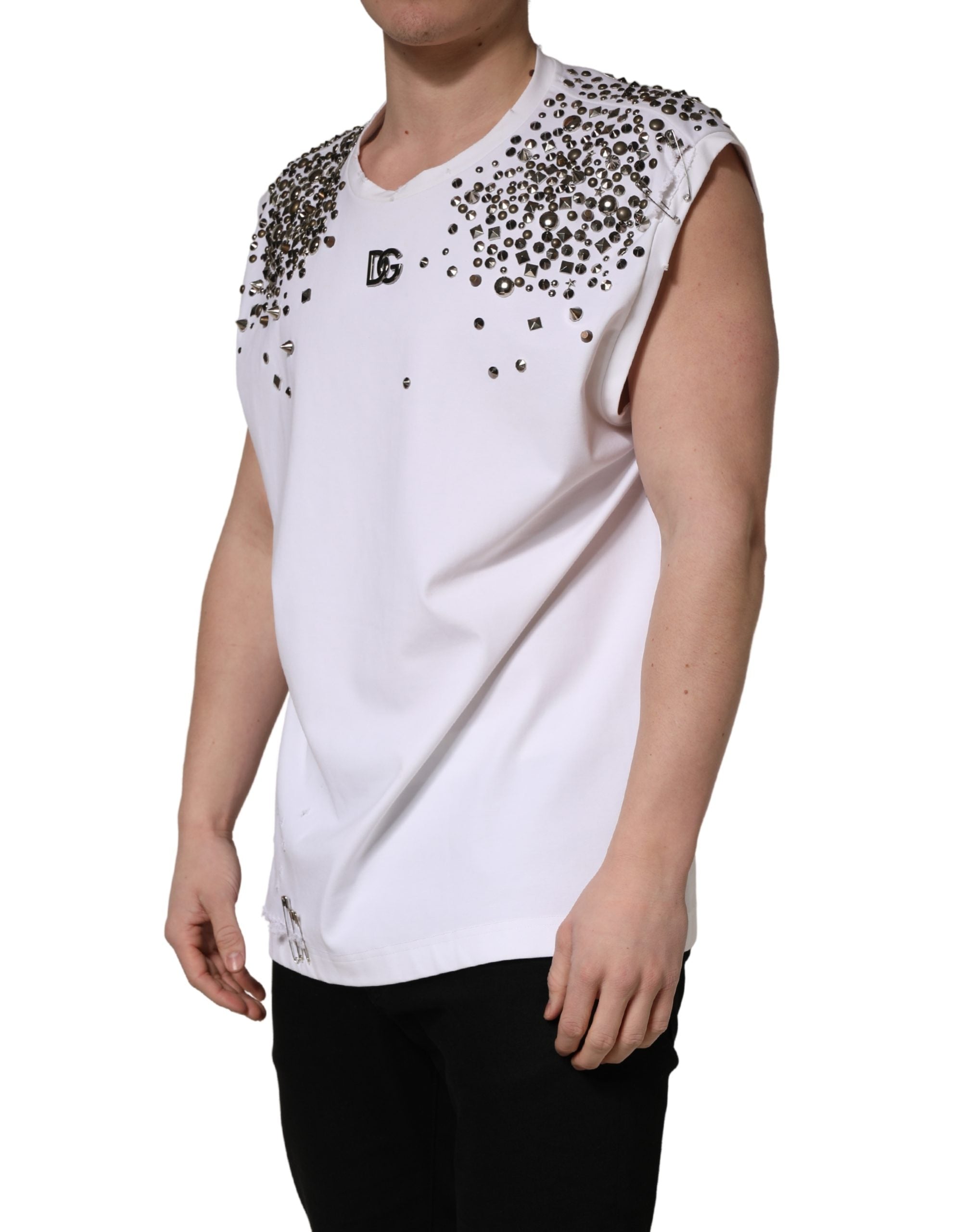 Dolce & Gabbana White Rhinestones Sleeveless Round Neck Men's T-shirt (Pre-Owned)