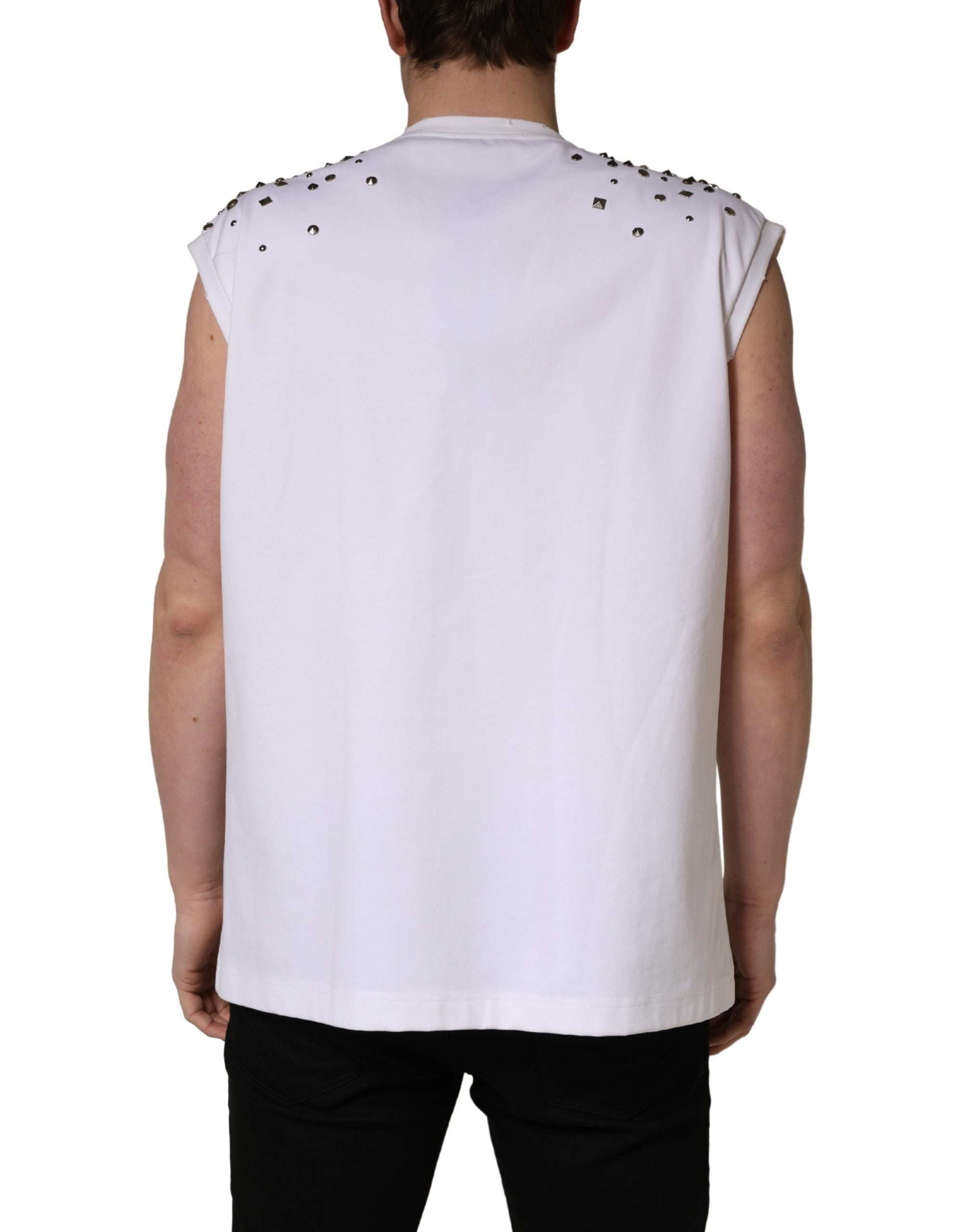 Dolce & Gabbana White Rhinestones Sleeveless Round Neck Men's T-shirt (Pre-Owned)