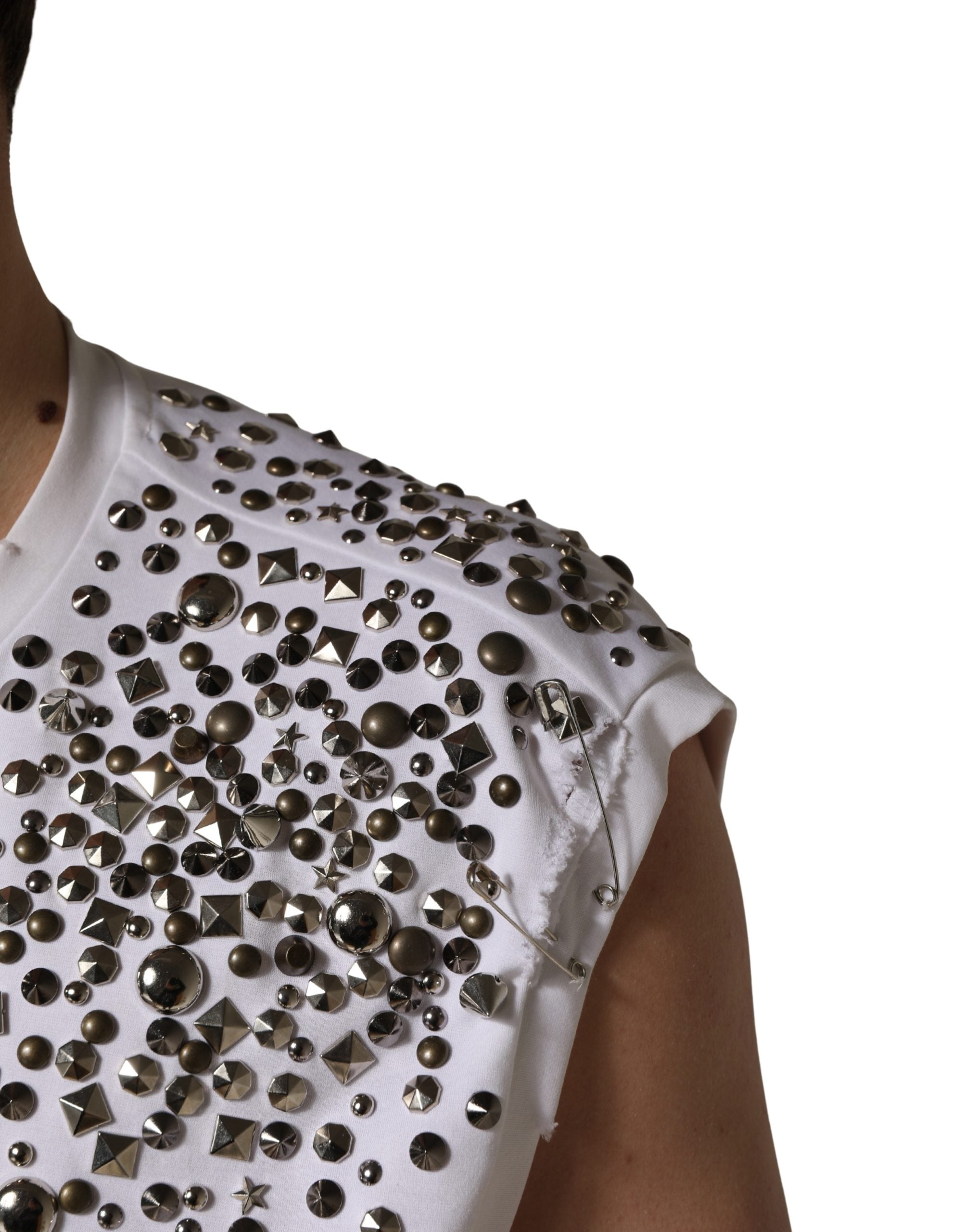 Dolce & Gabbana White Rhinestones Sleeveless Round Neck Men's T-shirt (Pre-Owned)