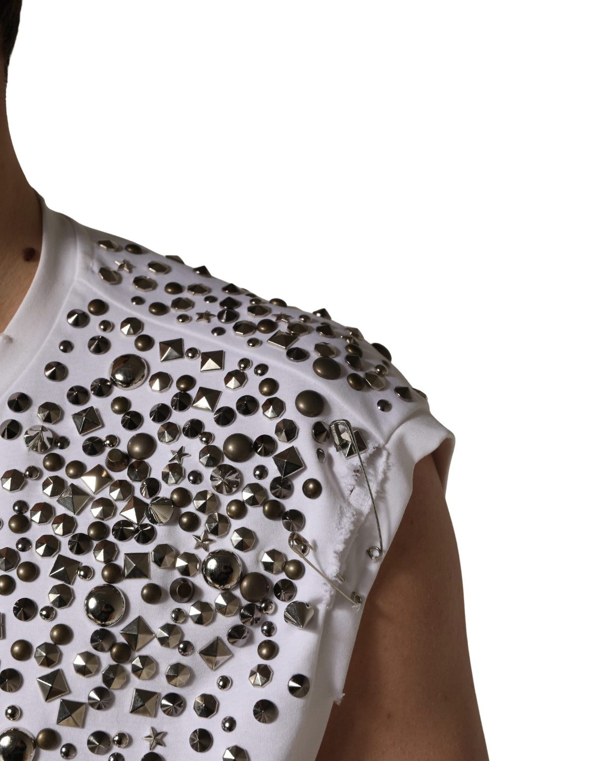 Dolce & Gabbana White Rhinestones Sleeveless Round Neck Men's T-shirt (Pre-Owned)