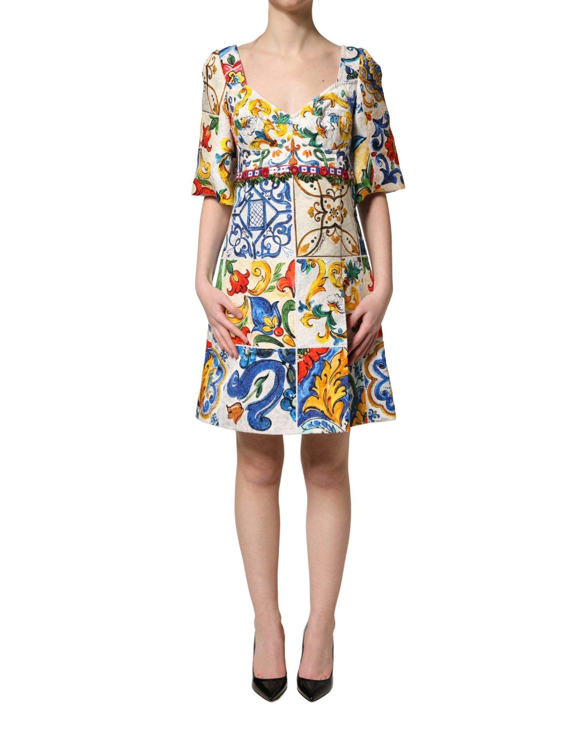 Dolce & Gabbana Multicolor Majolica Print Cotton Mini Women's Dress