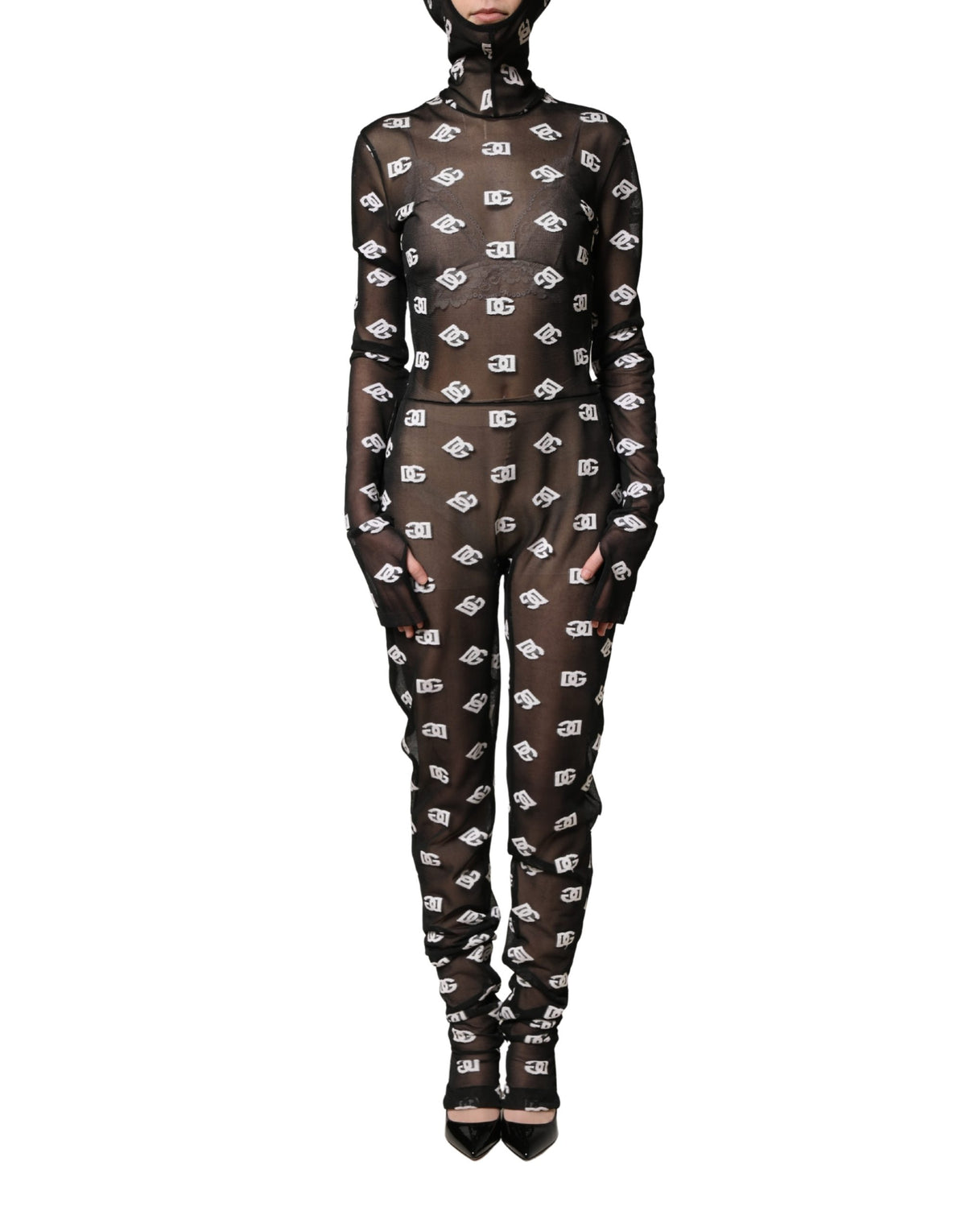 Dolce & Gabbana Black White Logo Print Hooded Jumpsuit Women's Dress (Pre-Owned)
