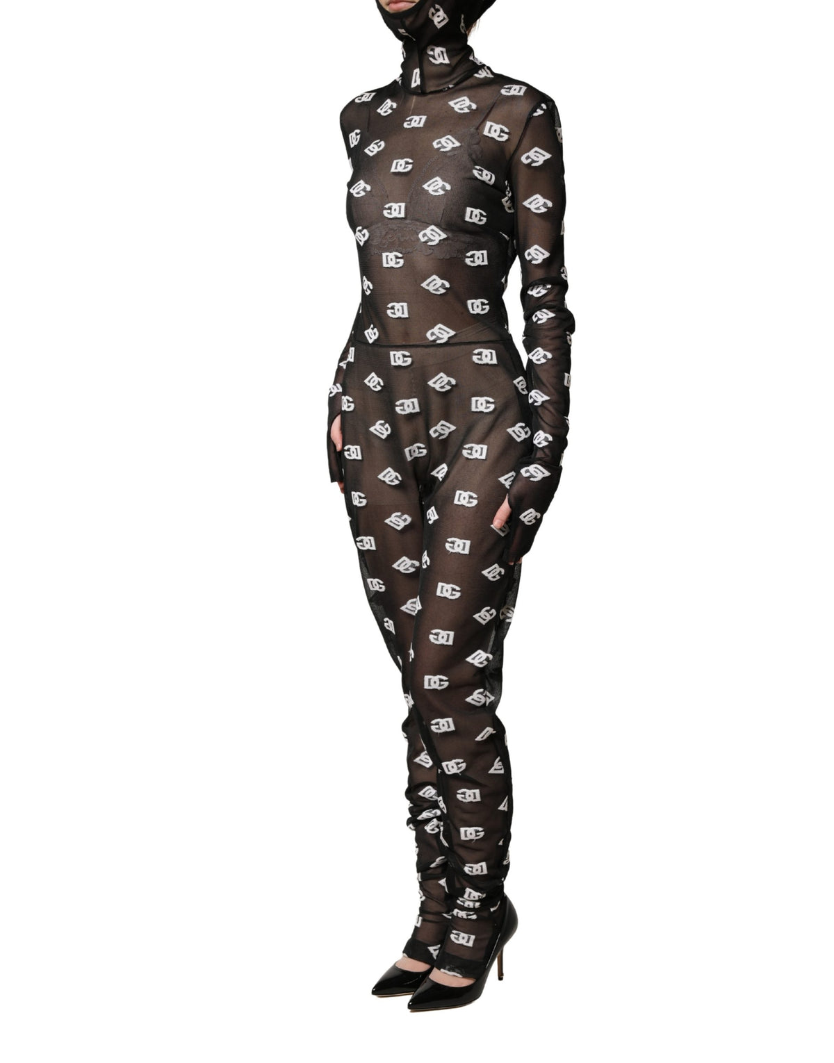 Dolce & Gabbana Black White Logo Print Hooded Jumpsuit Women's Dress (Pre-Owned)