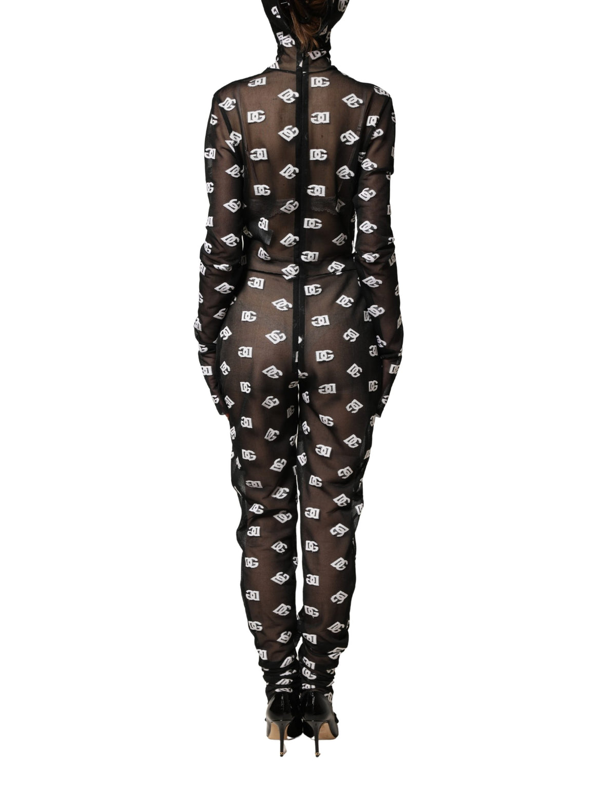 Dolce & Gabbana Black White Logo Print Hooded Jumpsuit Women's Dress (Pre-Owned)