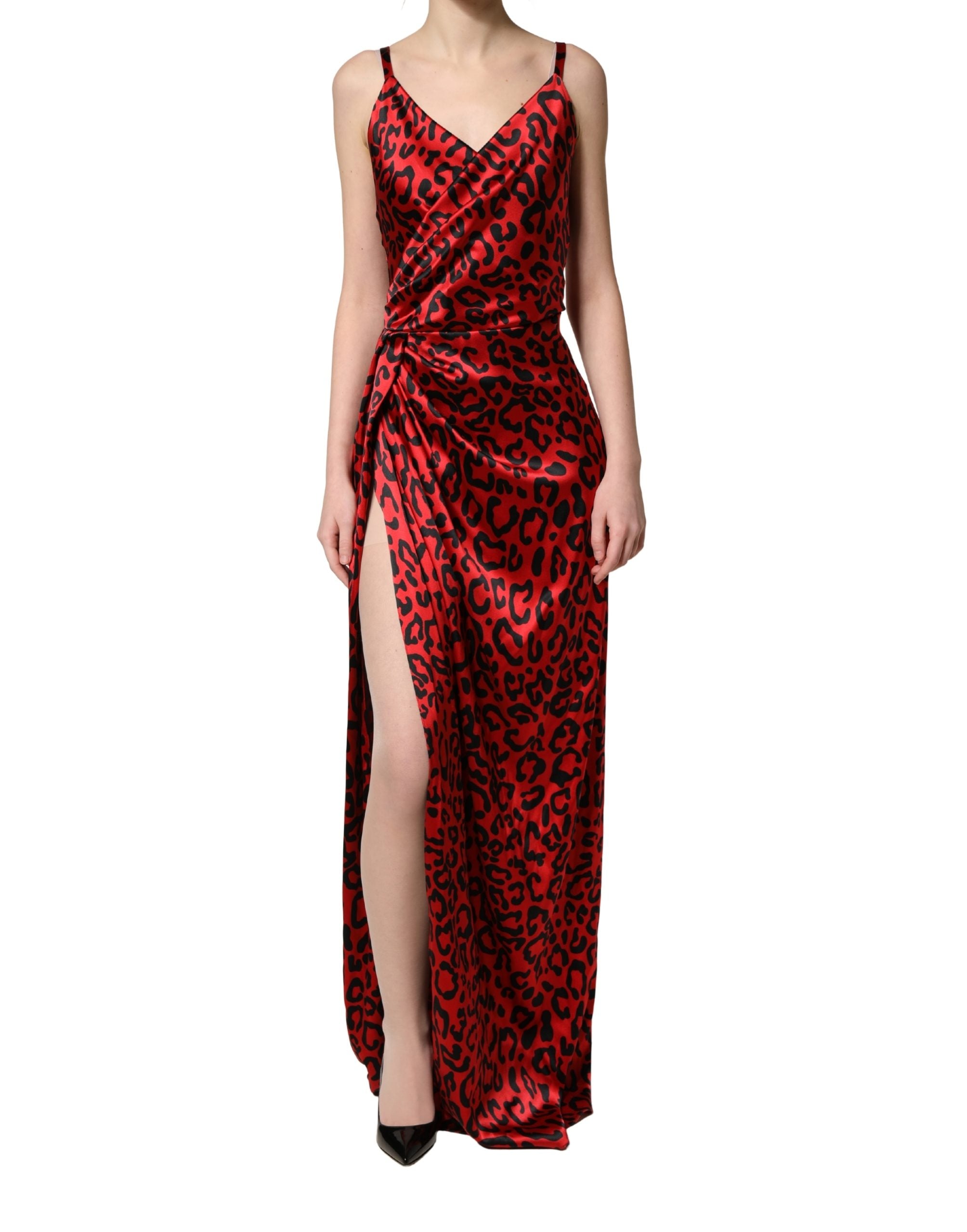 Dolce & Gabbana Red Leopard Print Silk Side Slit Maxi Women's Dress (Pre-Owned)