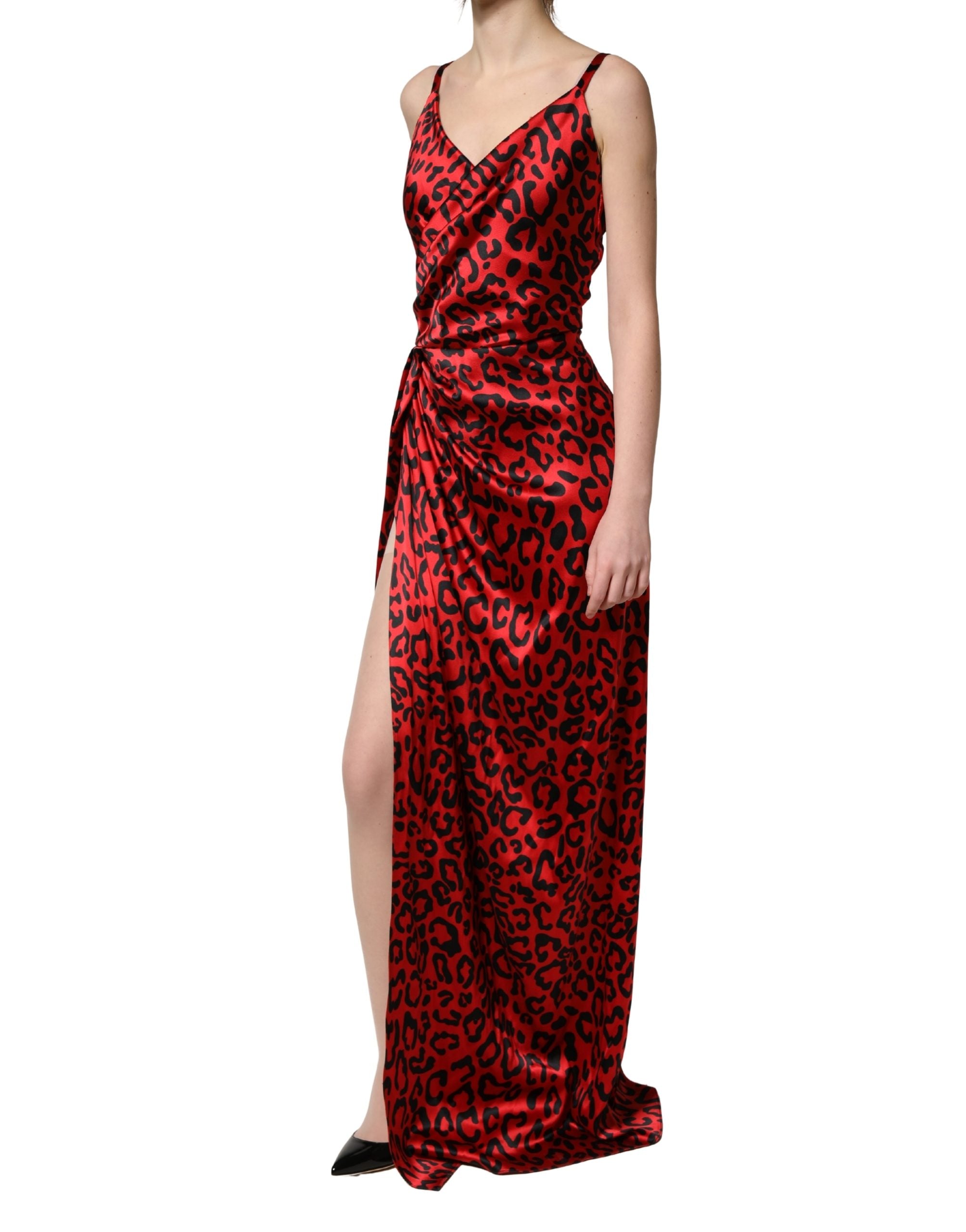 Dolce & Gabbana Red Leopard Print Silk Side Slit Maxi Women's Dress (Pre-Owned)