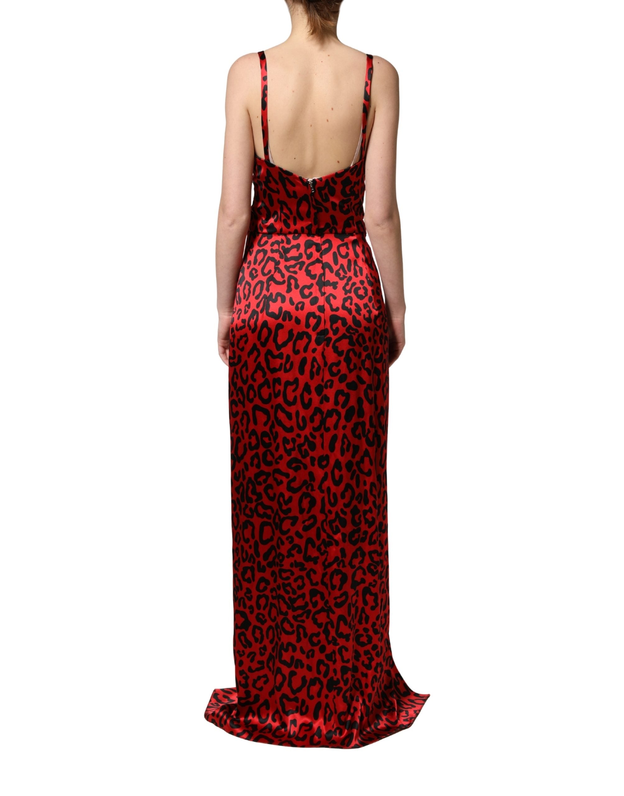 Dolce & Gabbana Red Leopard Print Silk Side Slit Maxi Women's Dress (Pre-Owned)