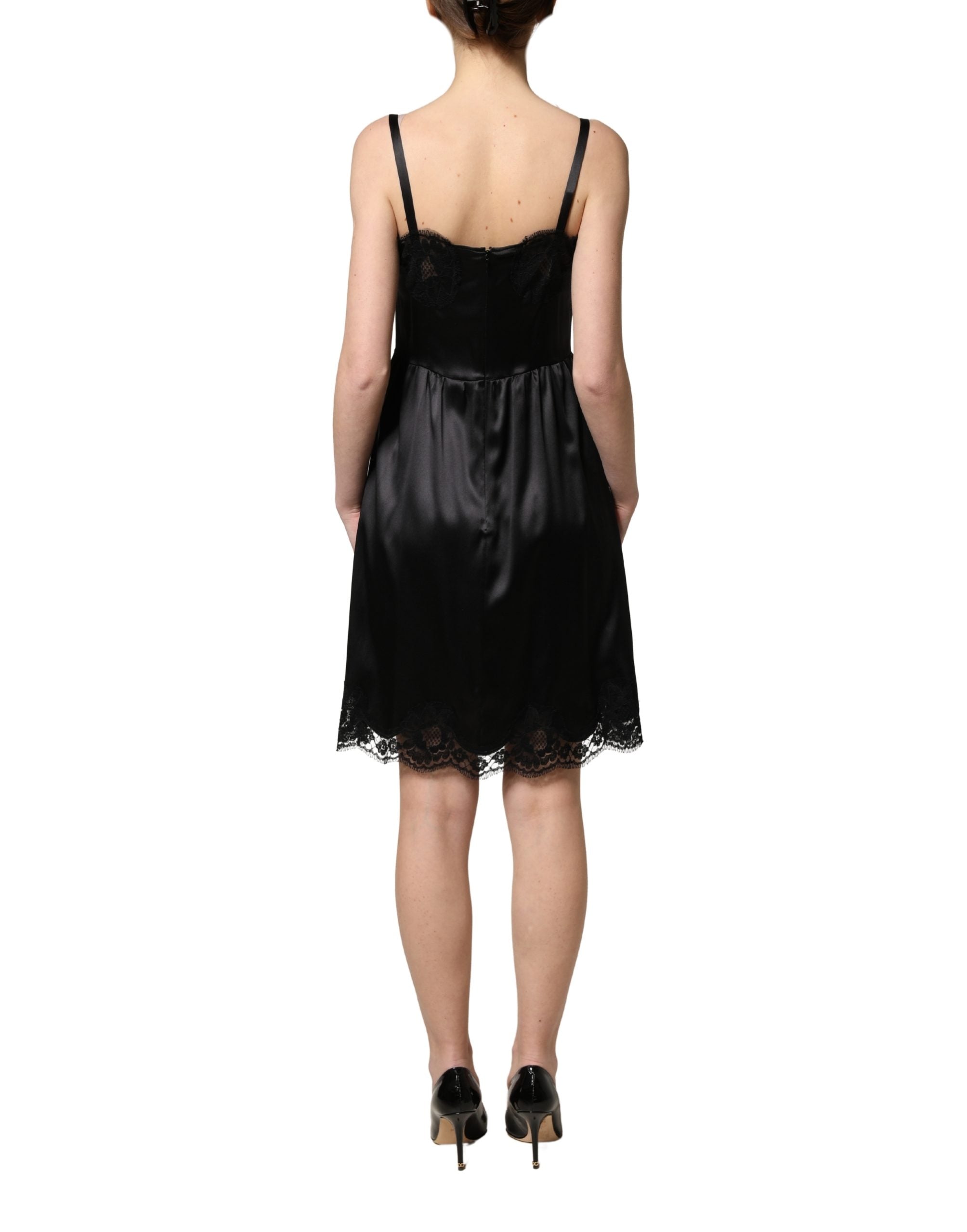 Dolce & Gabbana Black Silk Satin Lace Sleeveless Mini Women's Dress