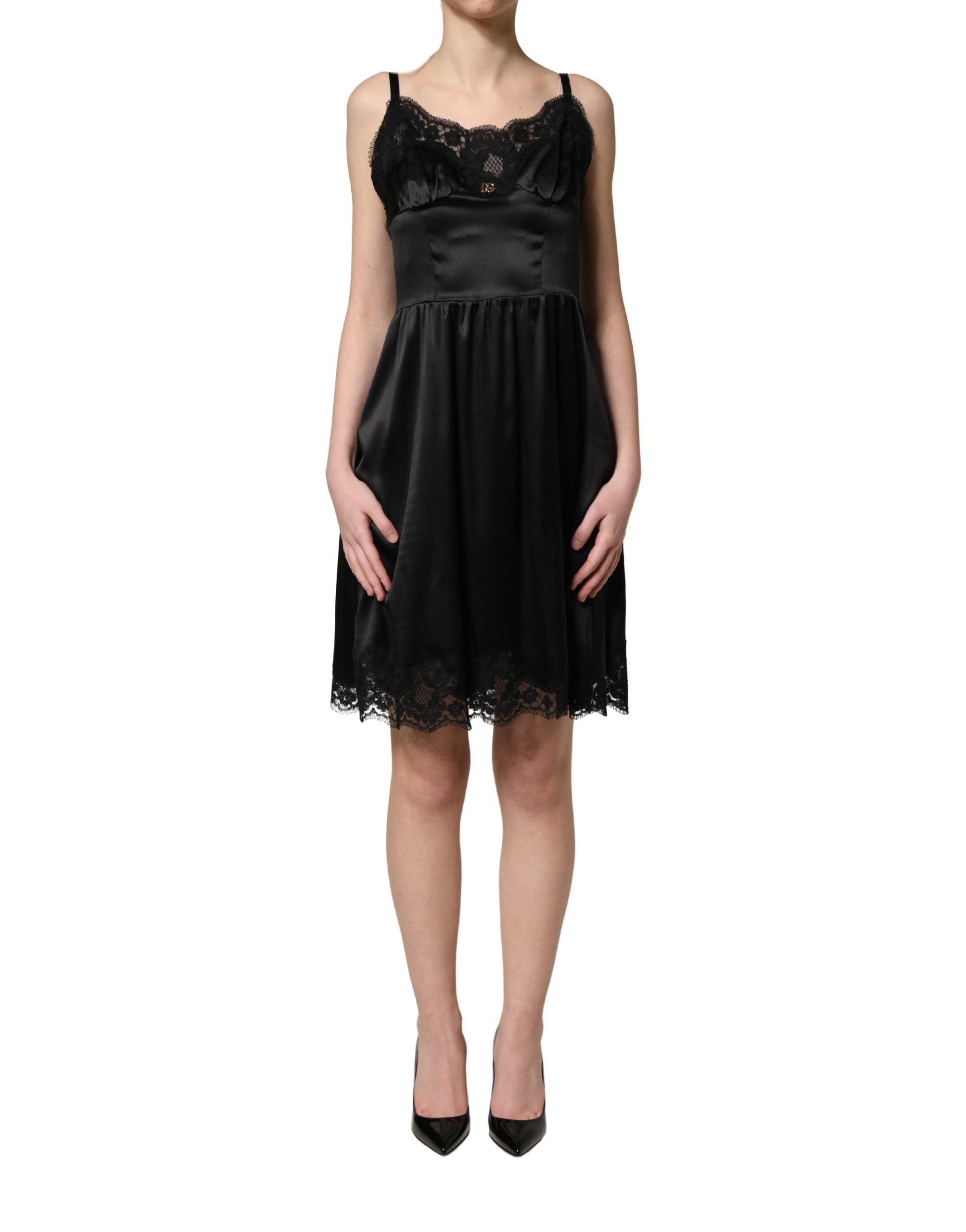 Dolce & Gabbana Black Silk Satin Lace Sleeveless Mini Women's Dress