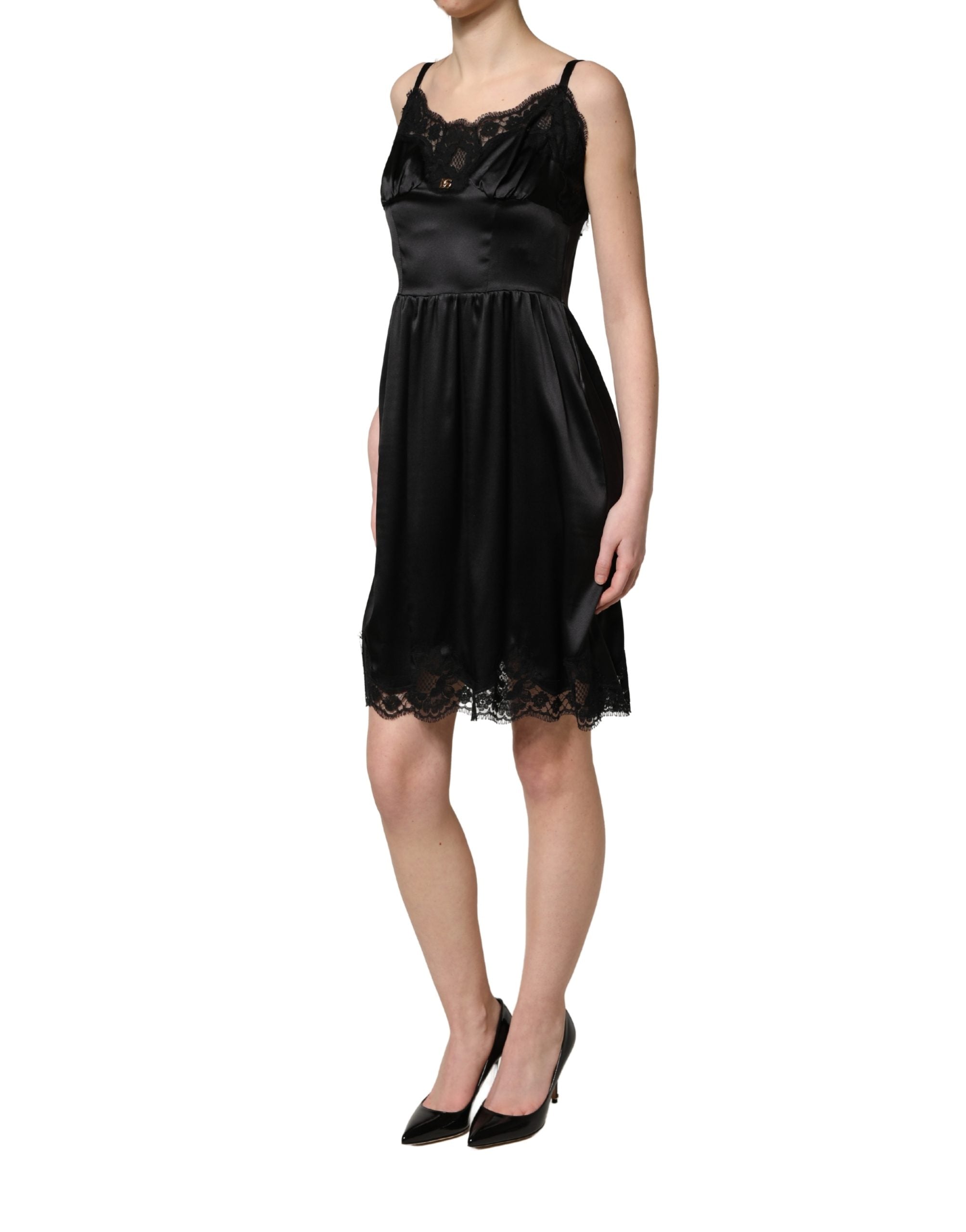 Dolce & Gabbana Black Silk Satin Lace Sleeveless Mini Women's Dress